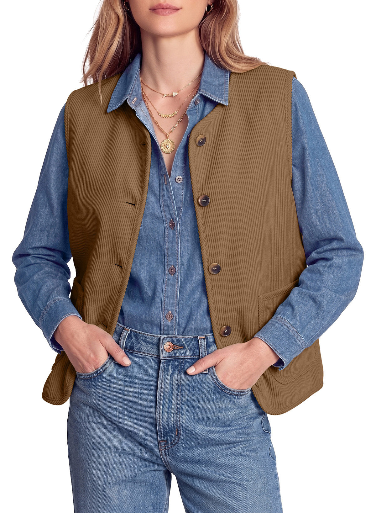 Dokotoo Vest Tops for Women Button Up Sleeveless Corduroy Vests
