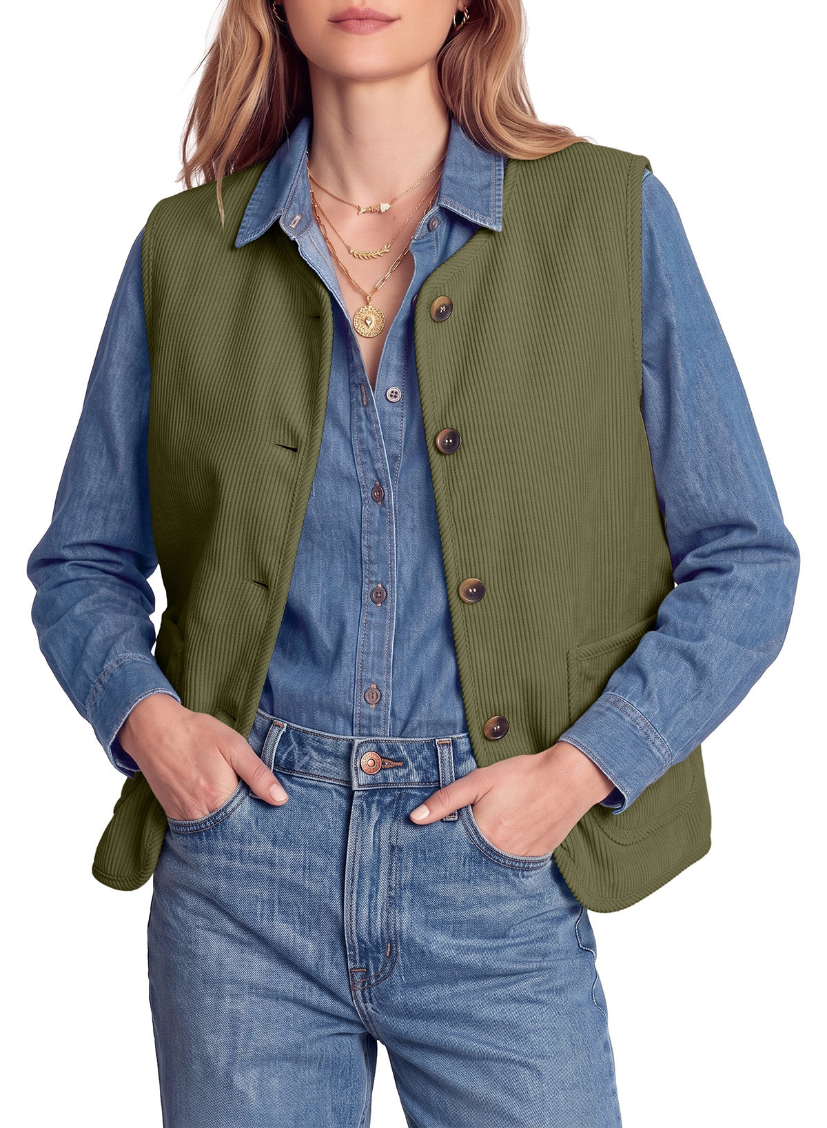 Dokotoo Vest Tops for Women Button Up Sleeveless Corduroy Vests