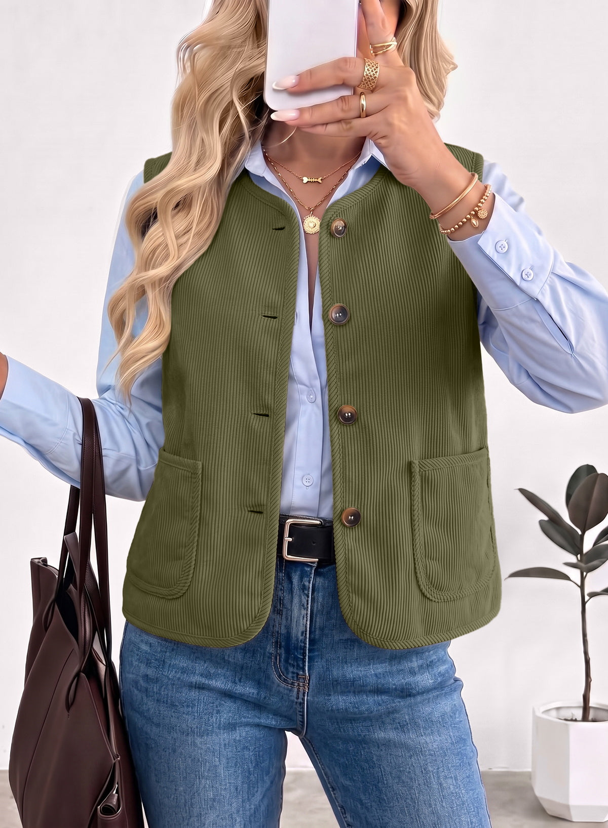 Dokotoo Vest Tops for Women Button Up Sleeveless Corduroy Vests