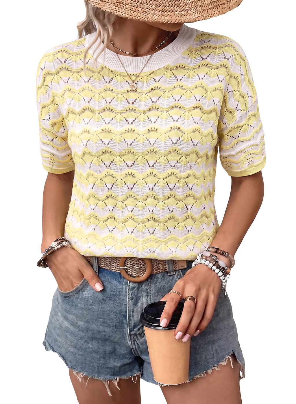 Dokotoo Women's Striped Short Sleeve Sweater Cotton Boho Summer Crochet Top