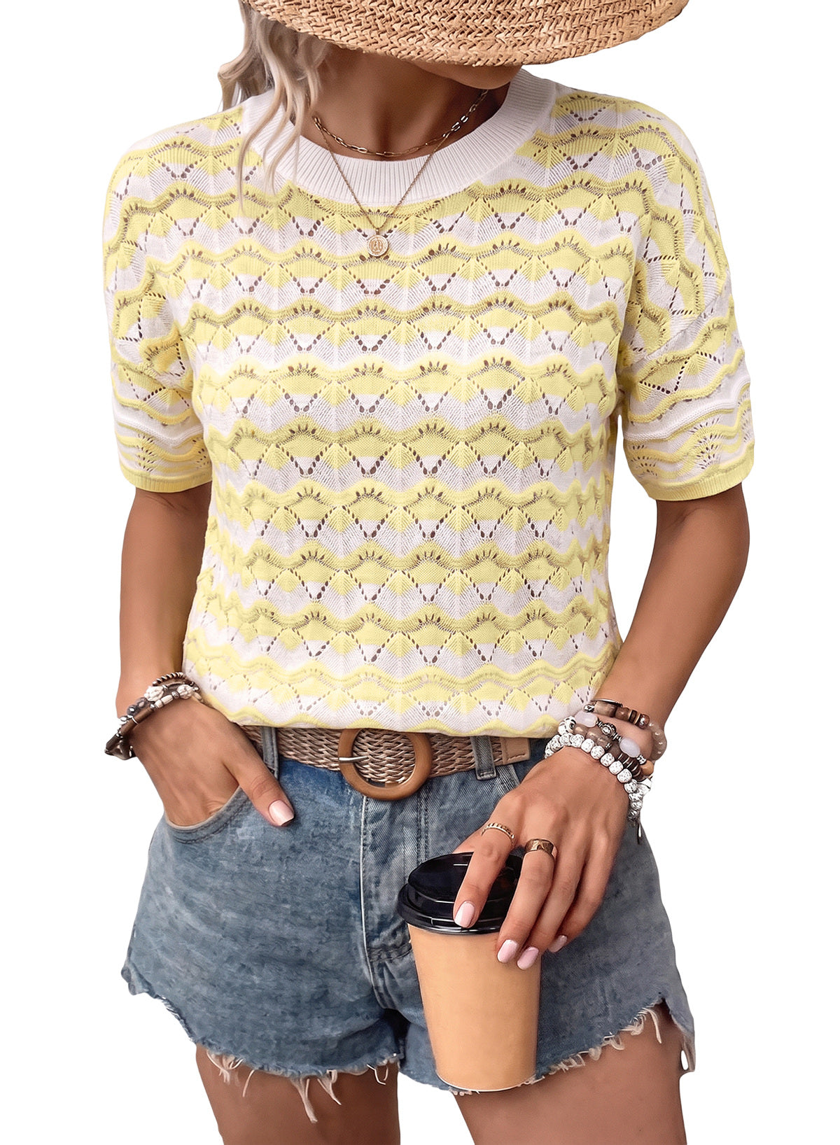 Dokotoo Women's Striped Short Sleeve Sweater Cotton Boho Summer Crochet Top
