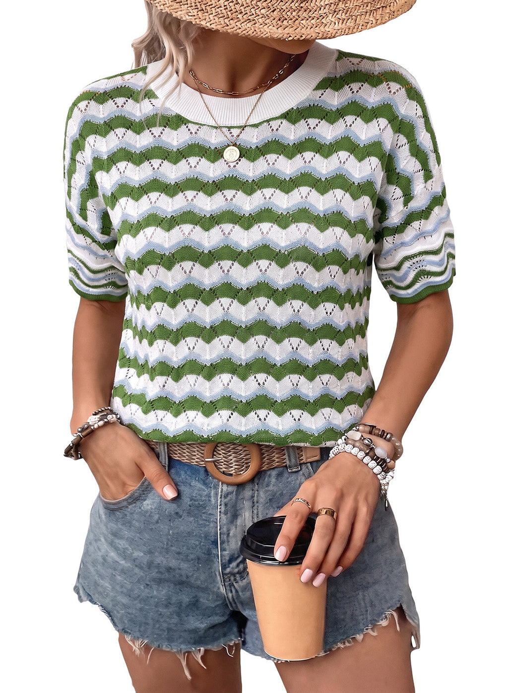 Dokotoo Women's Striped Short Sleeve Sweater Cotton Boho Summer Crochet Top