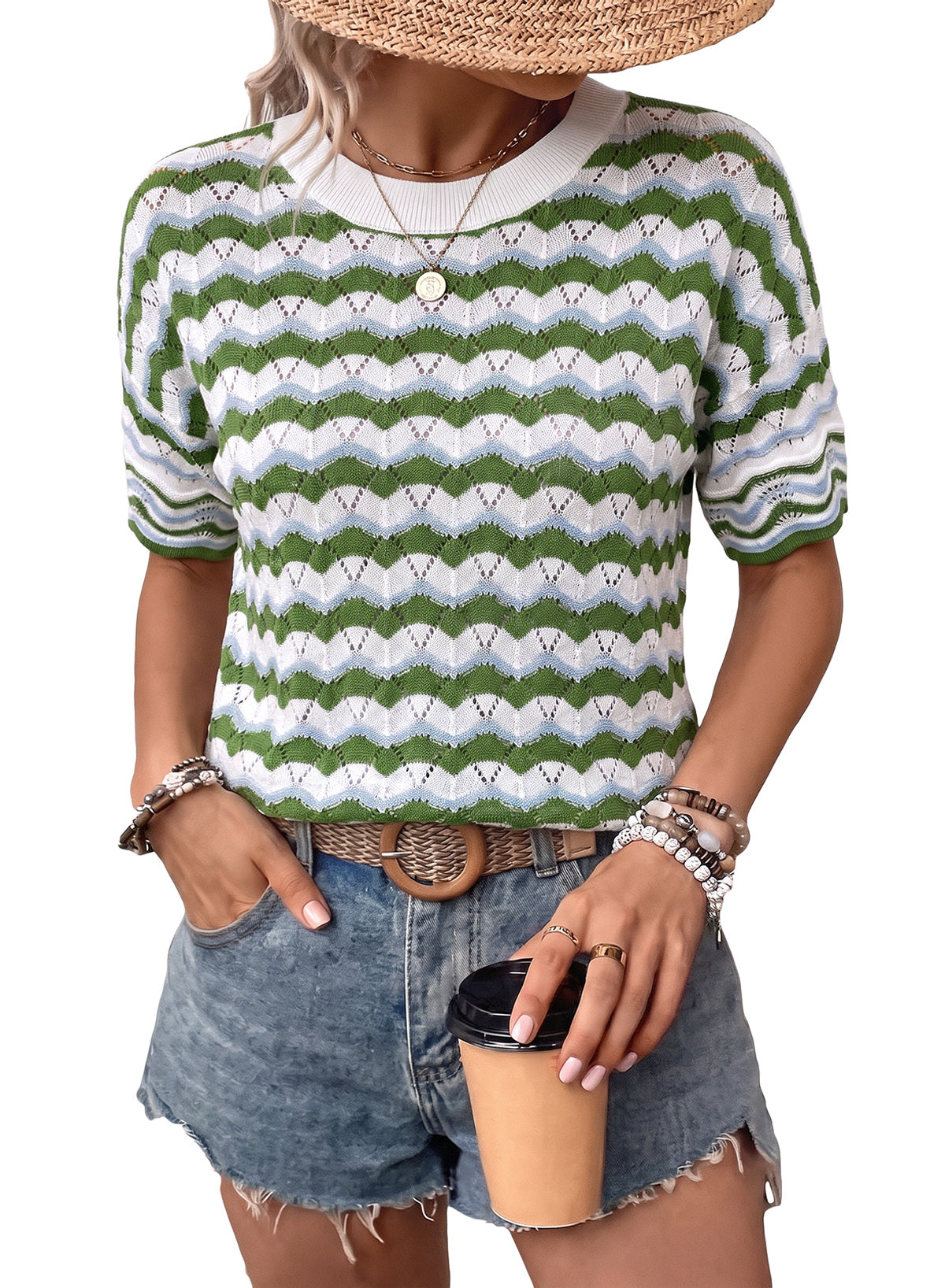 Dokotoo Women's Striped Short Sleeve Sweater Cotton Boho Summer Crochet Top