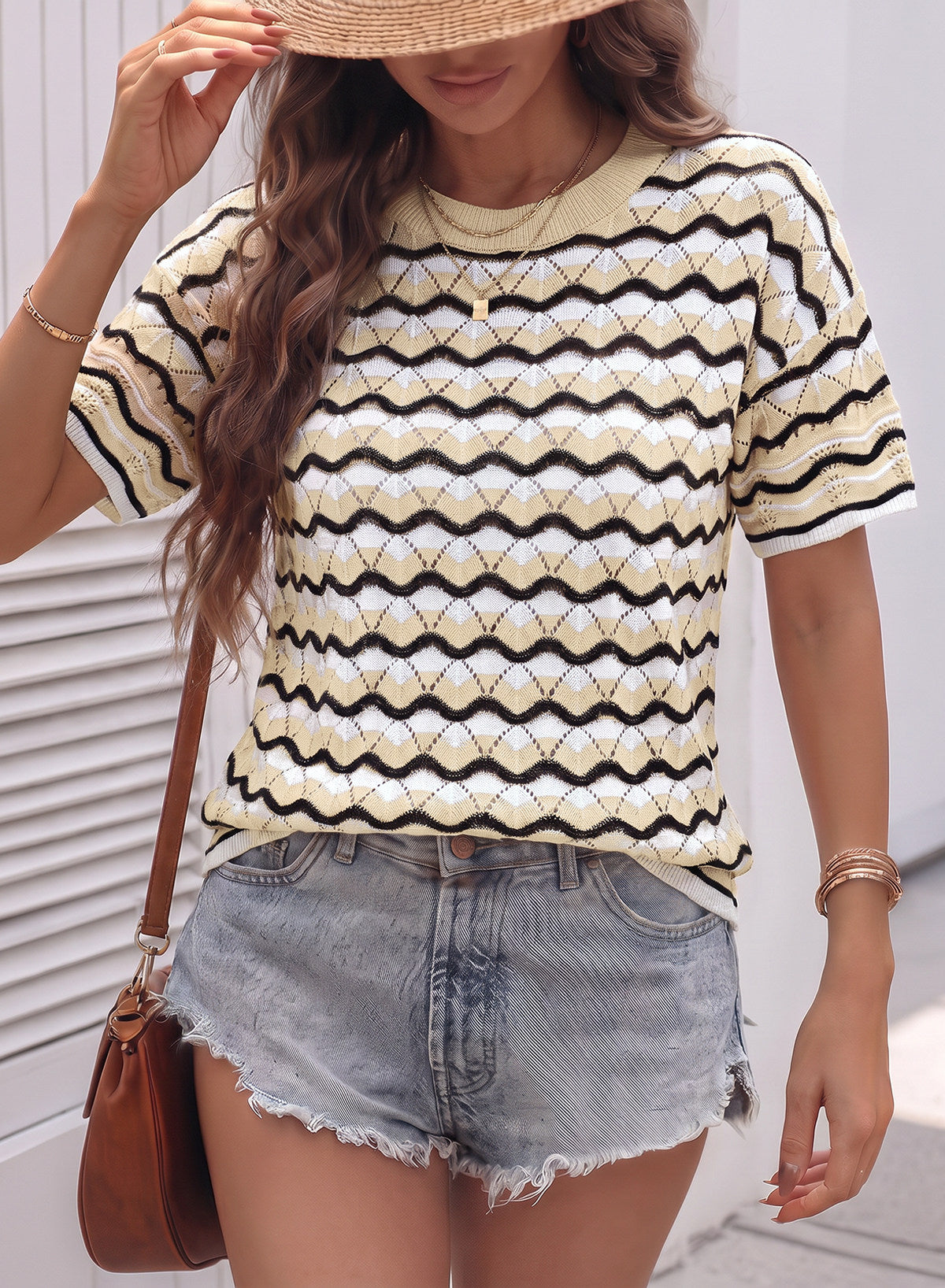Dokotoo Women's Striped Short Sleeve Sweater Cotton Boho Summer Crochet Top