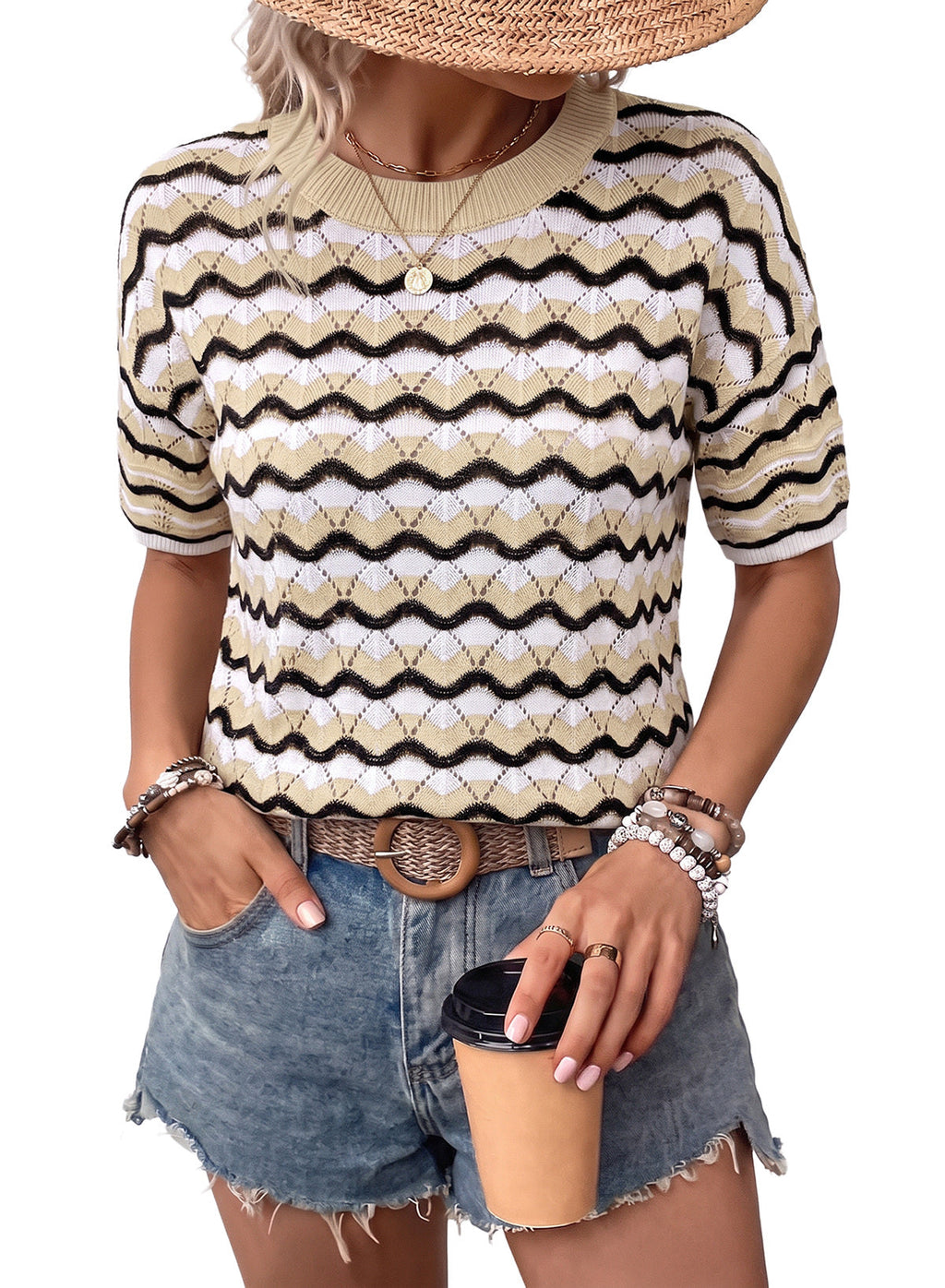 Dokotoo Women's Striped Short Sleeve Sweater Cotton Boho Summer Crochet Top