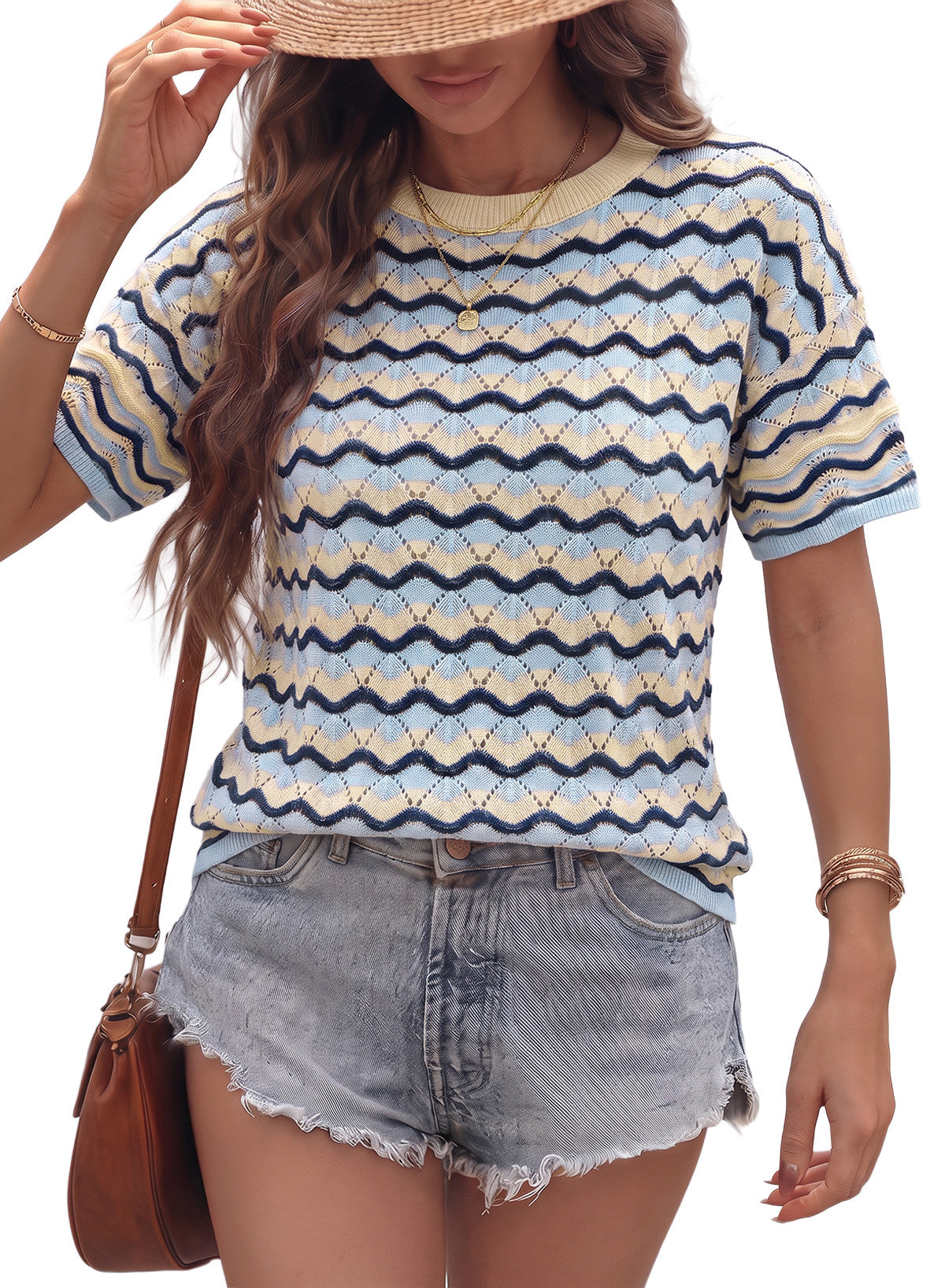 Dokotoo Women's Striped Short Sleeve Sweater Cotton Boho Summer Crochet Top