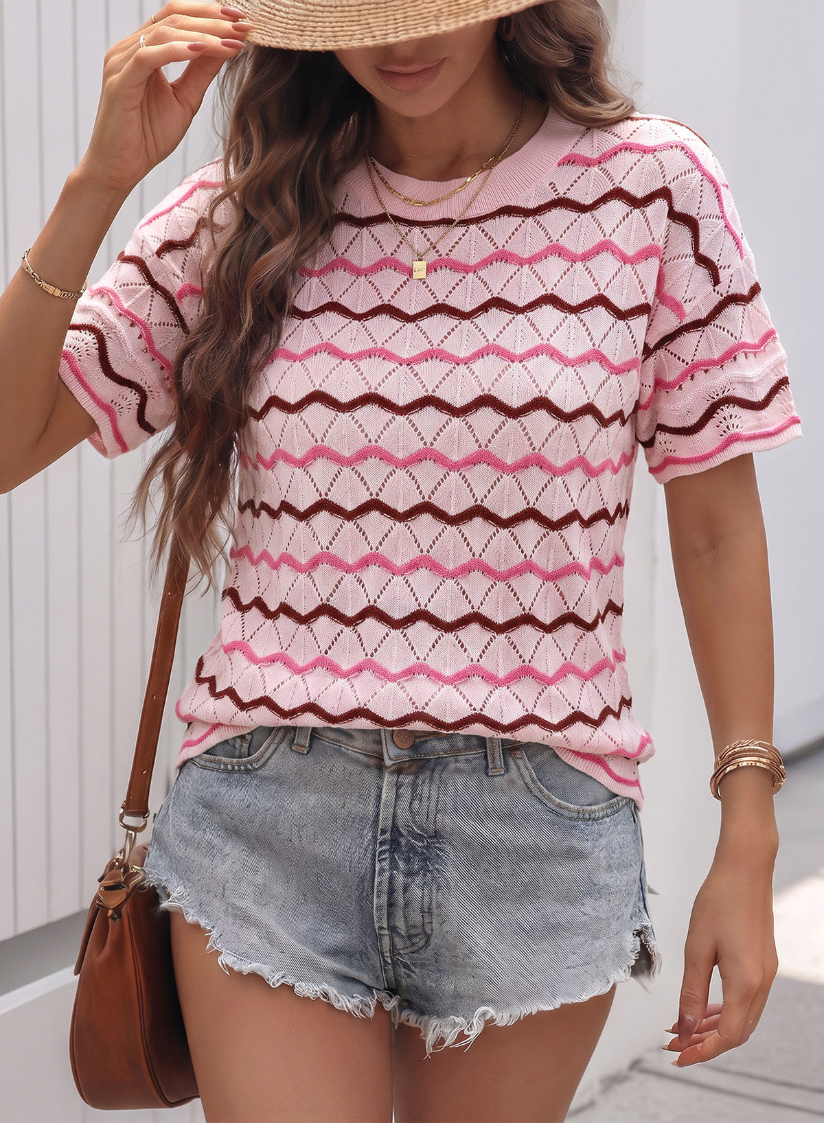 Dokotoo Women's Striped Short Sleeve Sweater Cotton Boho Summer Crochet Top