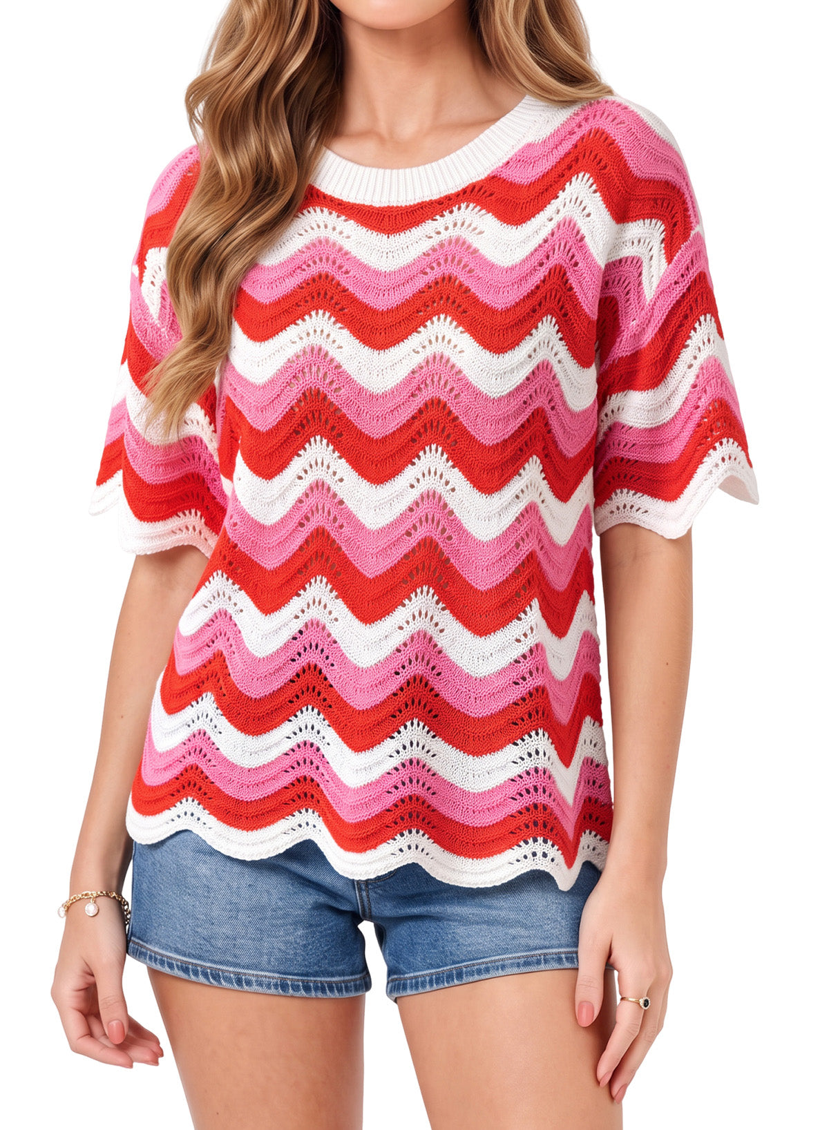 Dokotoo Women's Summer Crochet Tops 2026 Ruffle Striped Hollow Out Sweaters