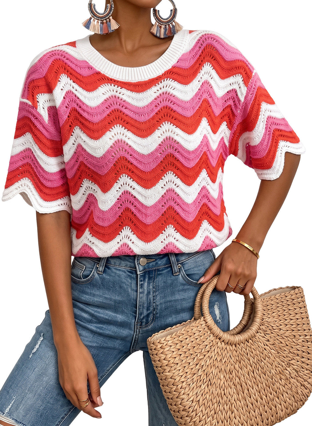 Dokotoo Women's Summer Crochet Tops 2026 Ruffle Striped Hollow Out Sweaters