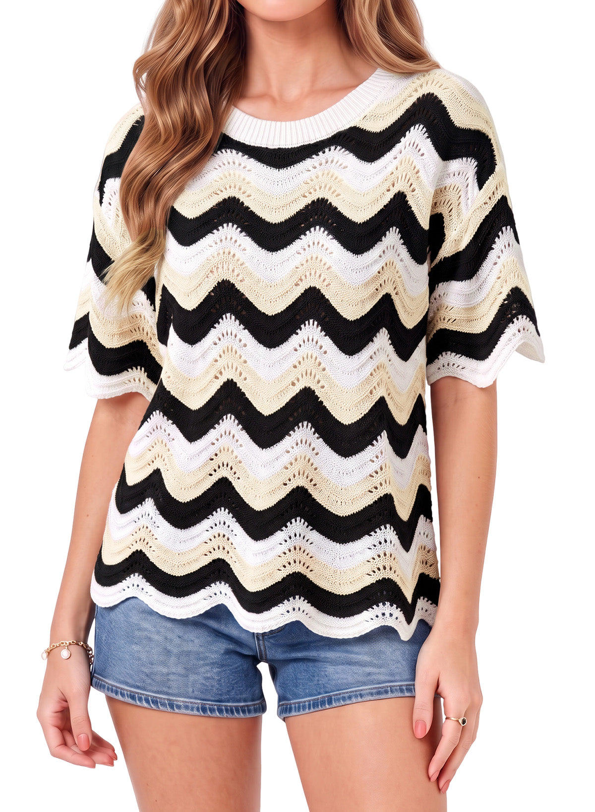 Dokotoo Women's Summer Crochet Tops 2026 Ruffle Striped Hollow Out Sweaters