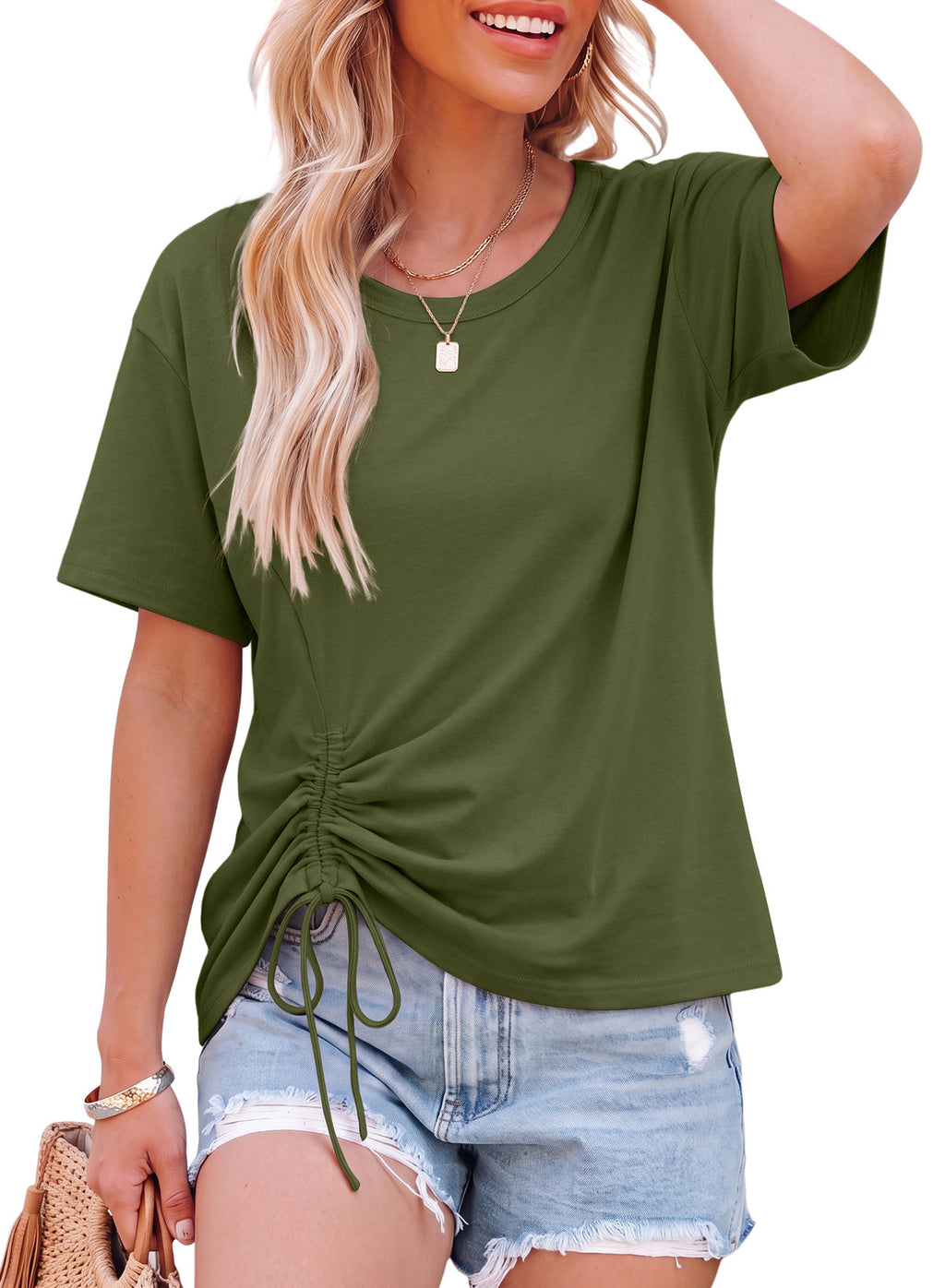 Dokotoo Womens Summer Tops Drawstring Side Ruched Tunic Shirts