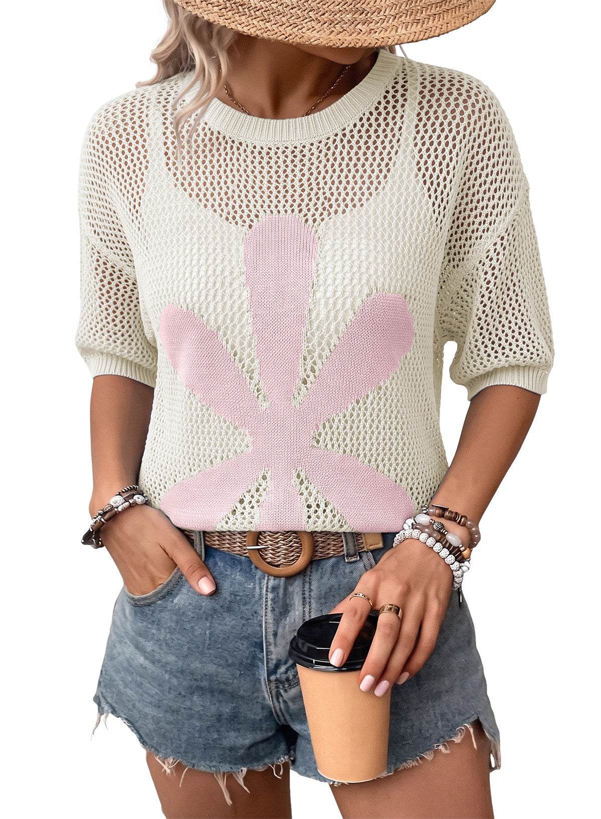 Dokotoo Women's Short Sleeve Crochet Sweater Beach Cover UPs Knit Top