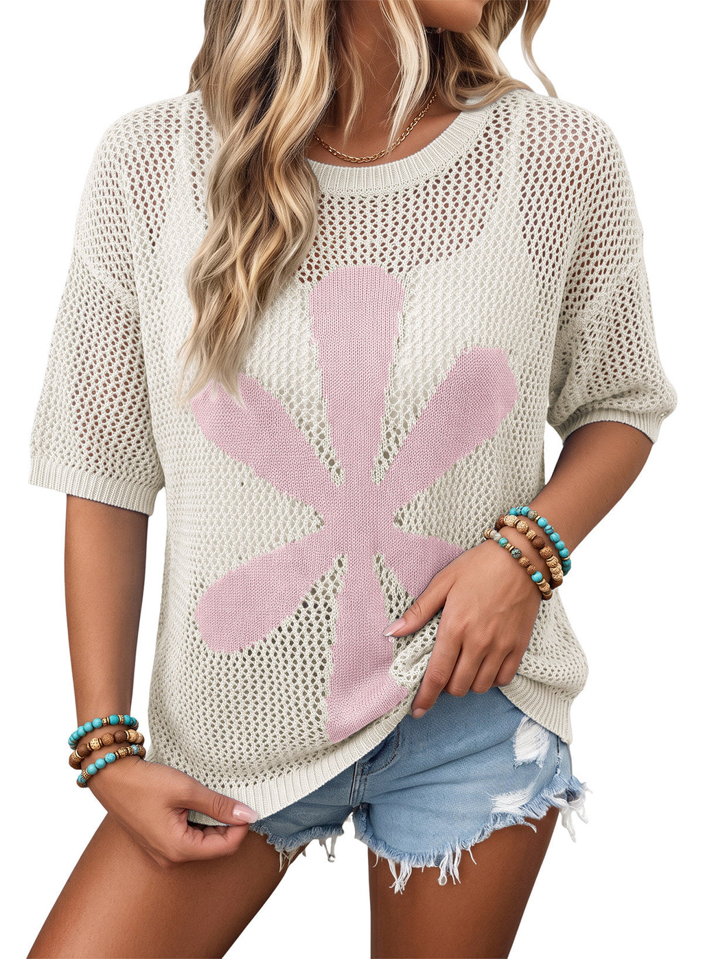 Dokotoo Women's Short Sleeve Crochet Sweater Beach Cover UPs Knit Top