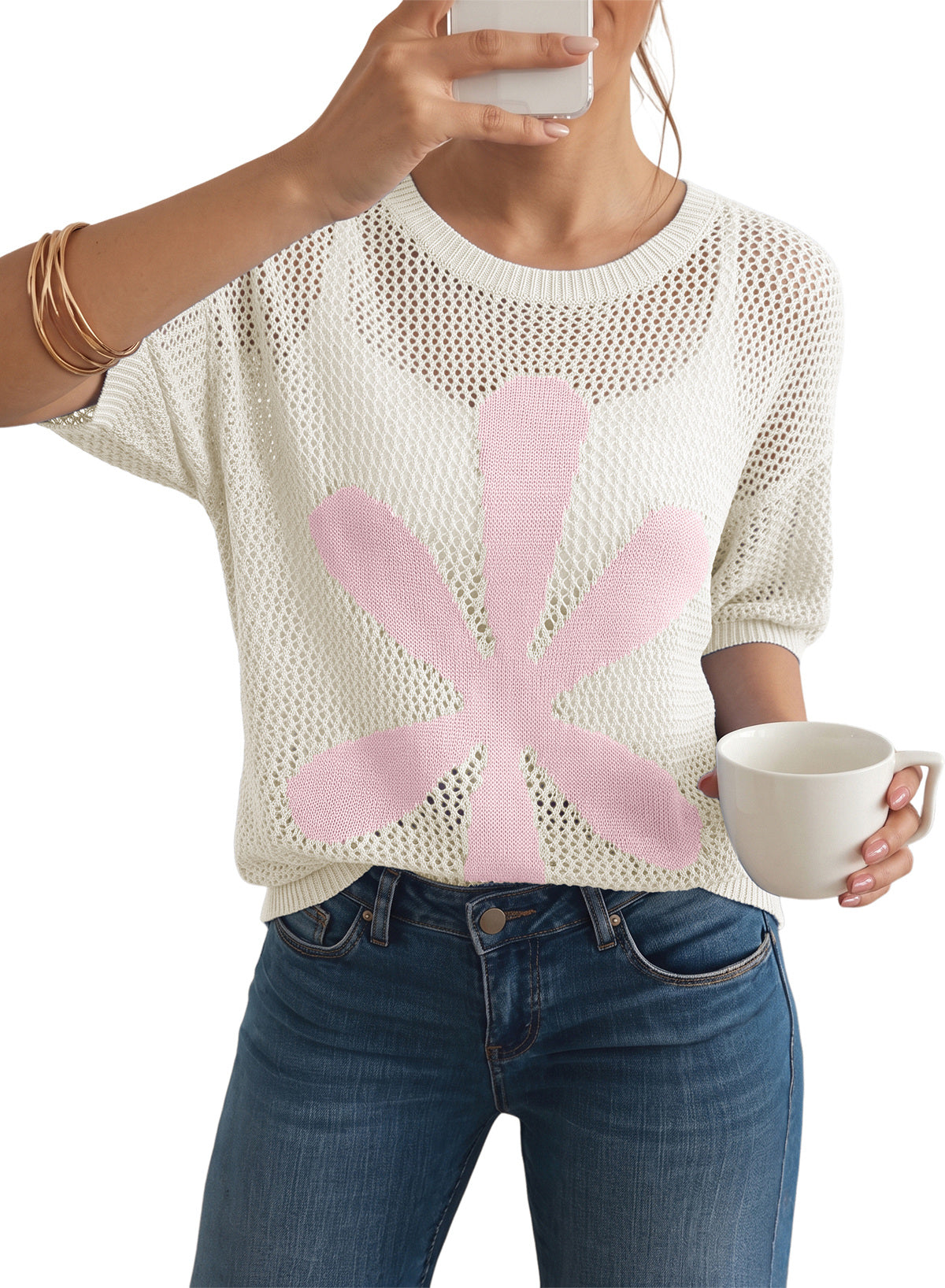 Dokotoo Women's Short Sleeve Crochet Sweater Beach Cover UPs Knit Top