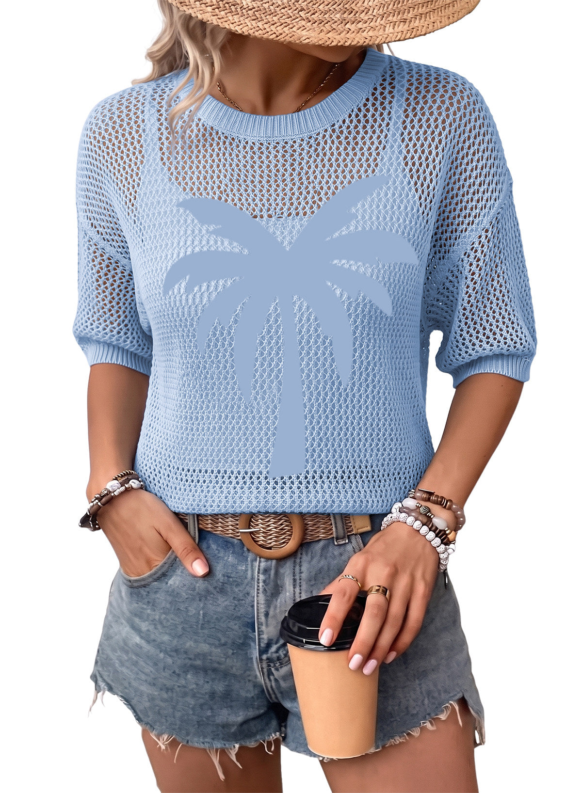 Dokotoo Women's Short Sleeve Crochet Sweater Beach Cover UPs Knit Top