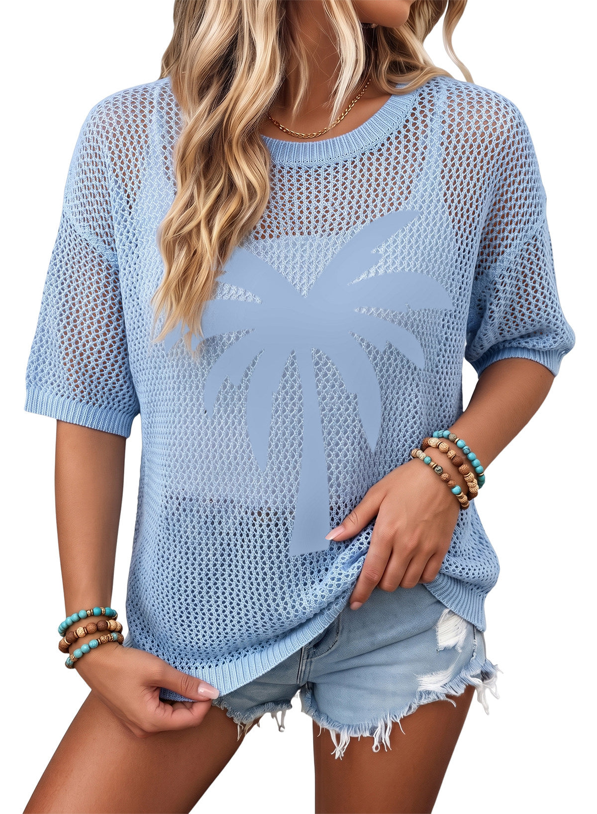Dokotoo Women's Short Sleeve Crochet Sweater Beach Cover UPs Knit Top