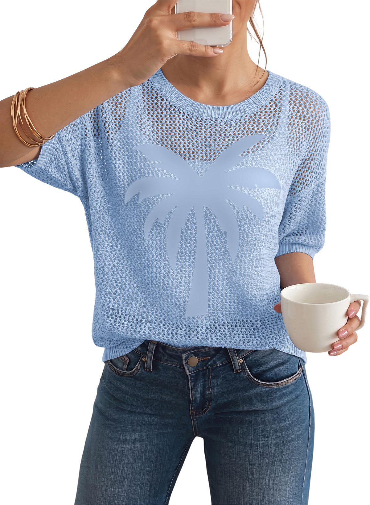 Dokotoo Women's Short Sleeve Crochet Sweater Beach Cover UPs Knit Top