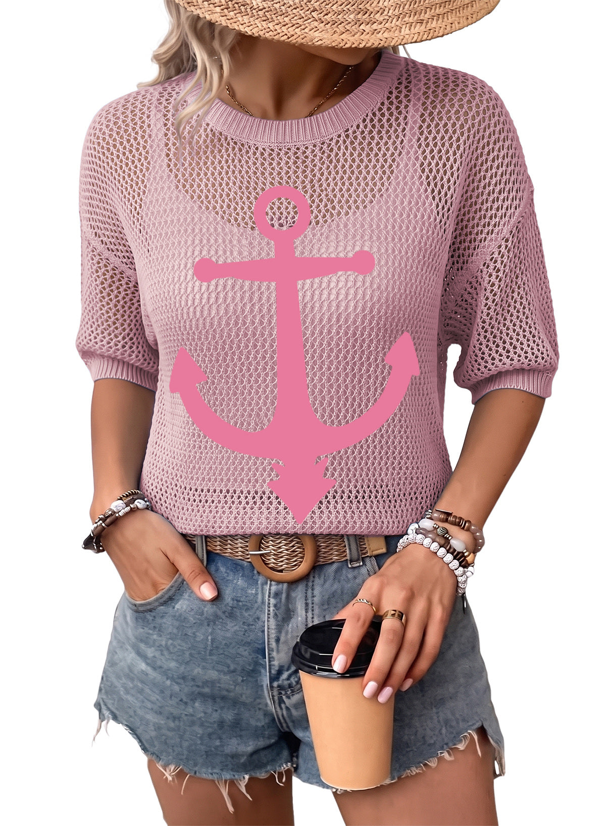 Dokotoo Women's Short Sleeve Crochet Sweater Beach Cover UPs Knit Top