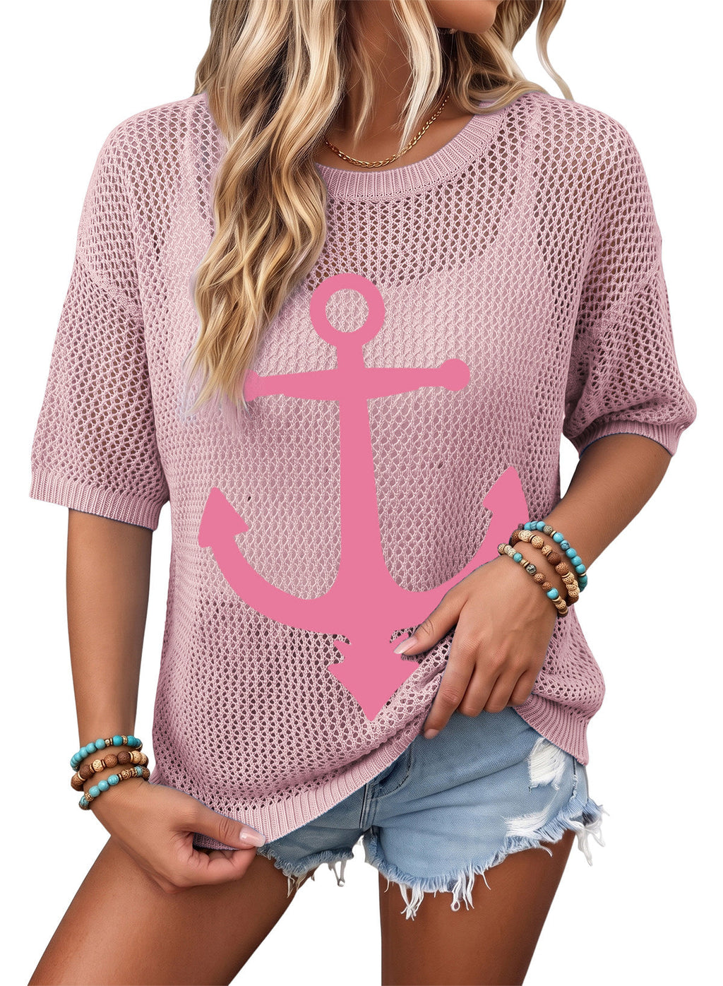 Dokotoo Women's Short Sleeve Crochet Sweater Beach Cover UPs Knit Top