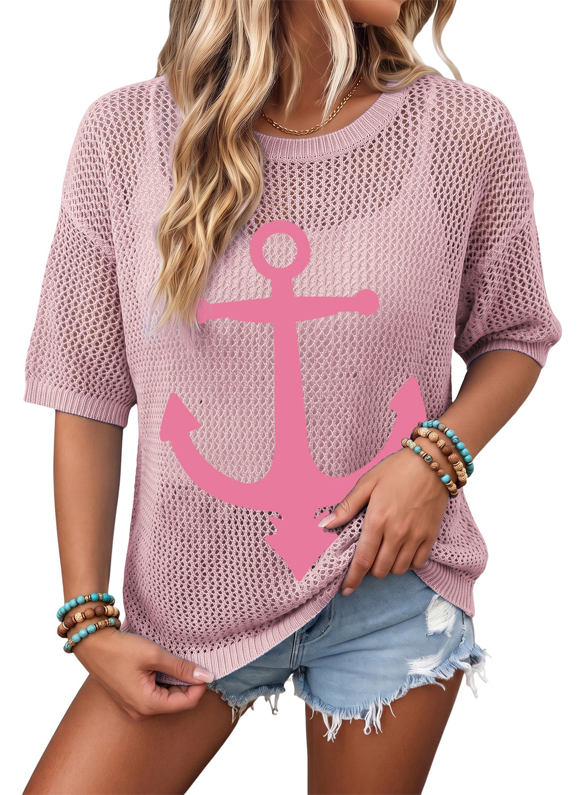 Dokotoo Women's Short Sleeve Crochet Sweater Beach Cover UPs Knit Top