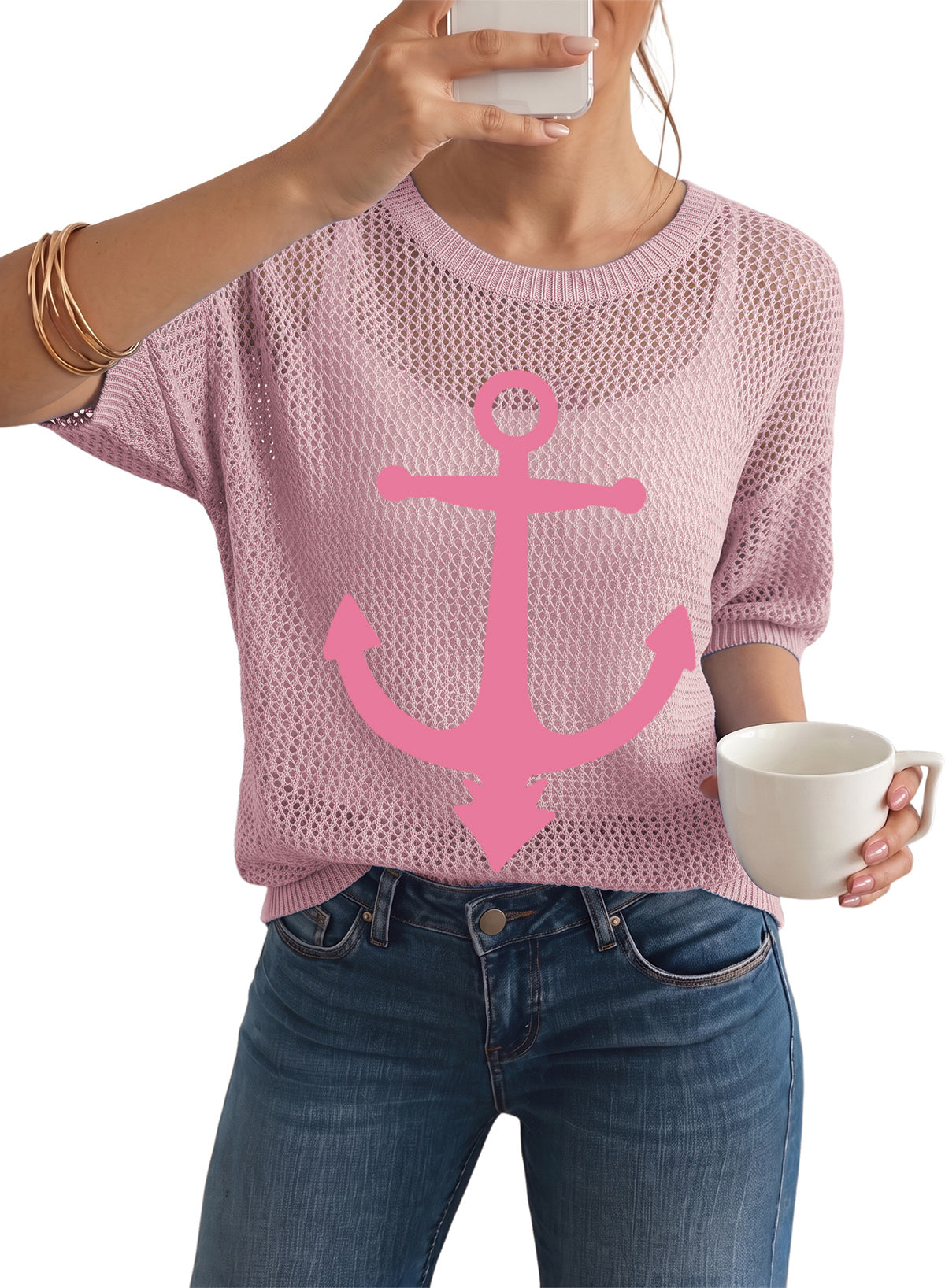Dokotoo Women's Short Sleeve Crochet Sweater Beach Cover UPs Knit Top