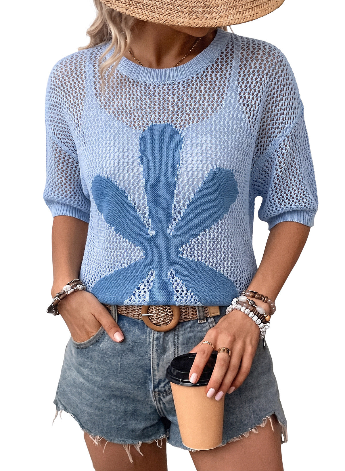 Dokotoo Women's Short Sleeve Crochet Sweater Beach Cover UPs Knit Top