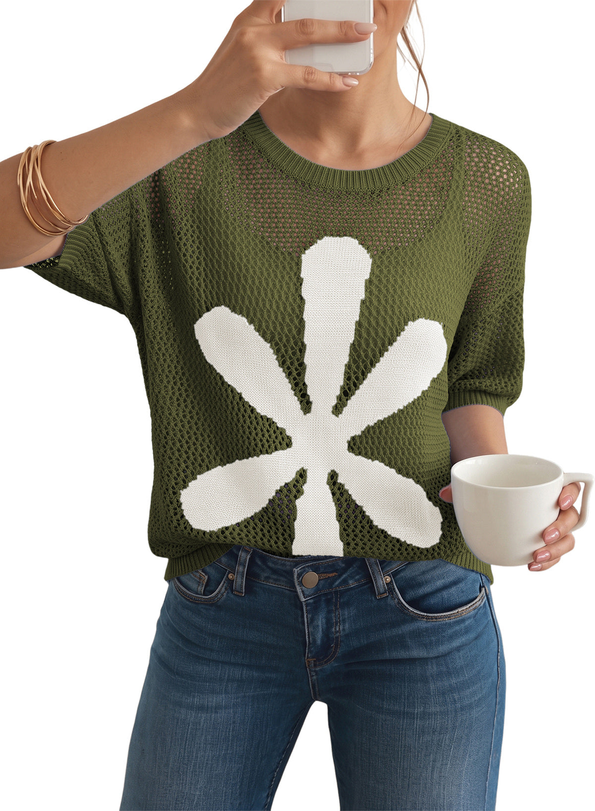 Dokotoo Women's Short Sleeve Crochet Sweater Beach Cover UPs Knit Top