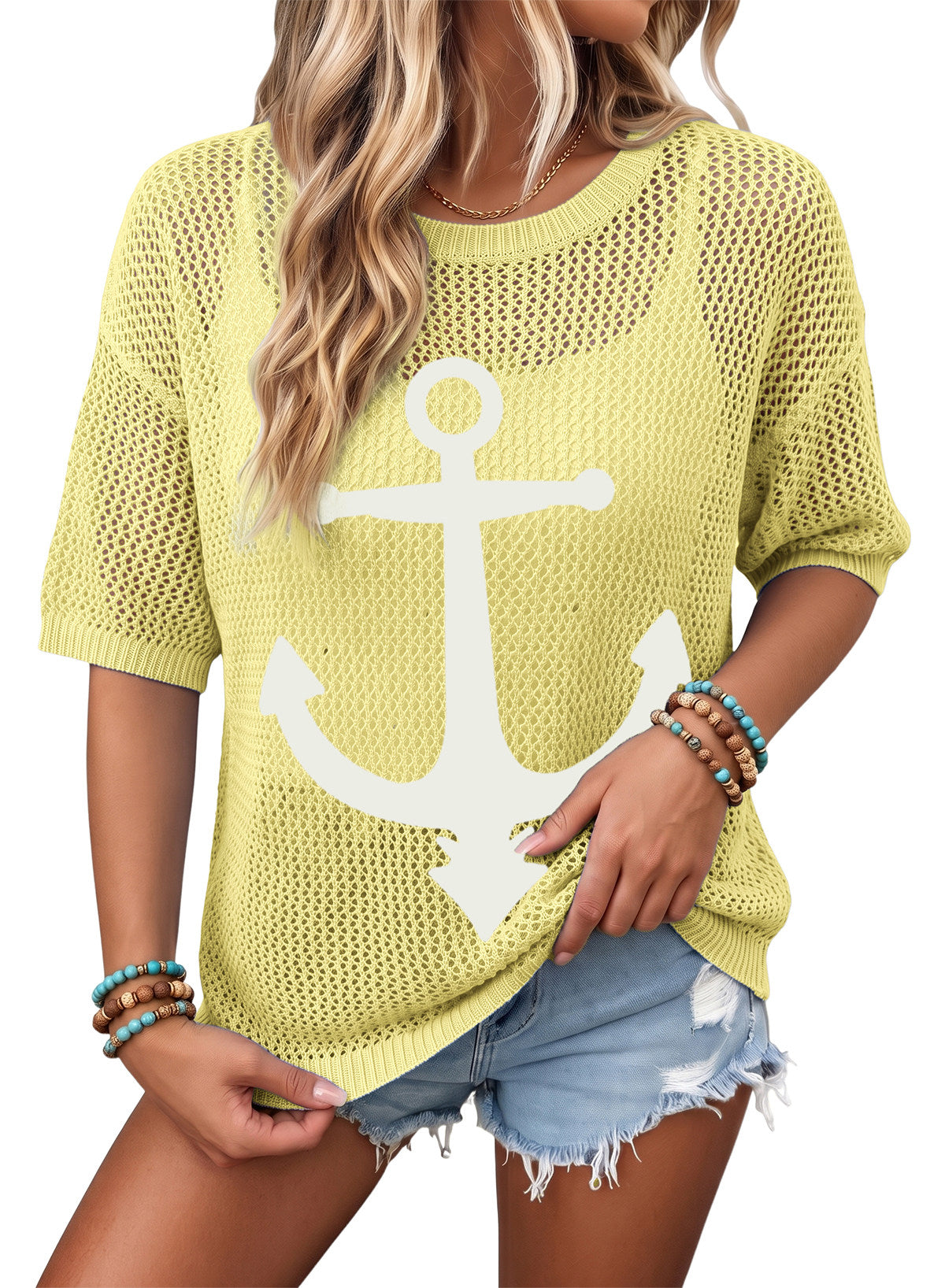 Dokotoo Women's Short Sleeve Crochet Sweater Beach Cover UPs Knit Top