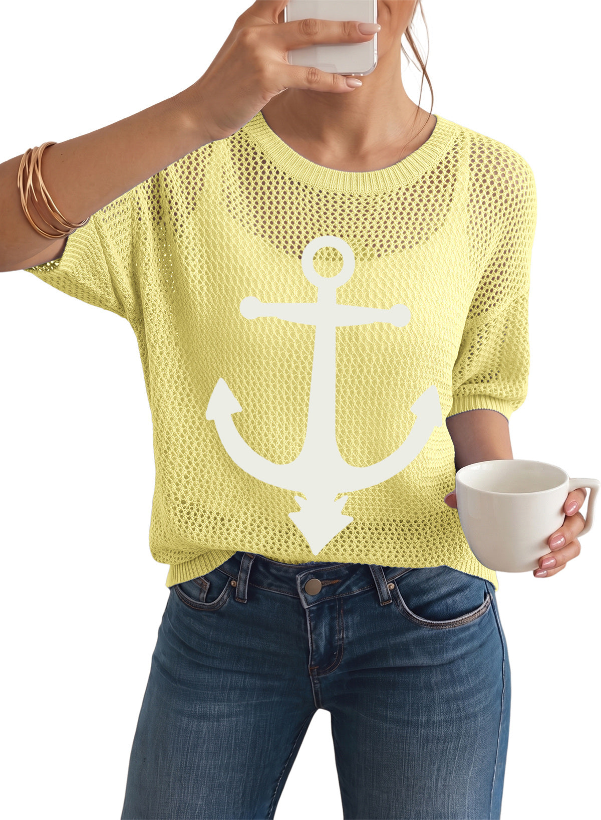 Dokotoo Women's Short Sleeve Crochet Sweater Beach Cover UPs Knit Top