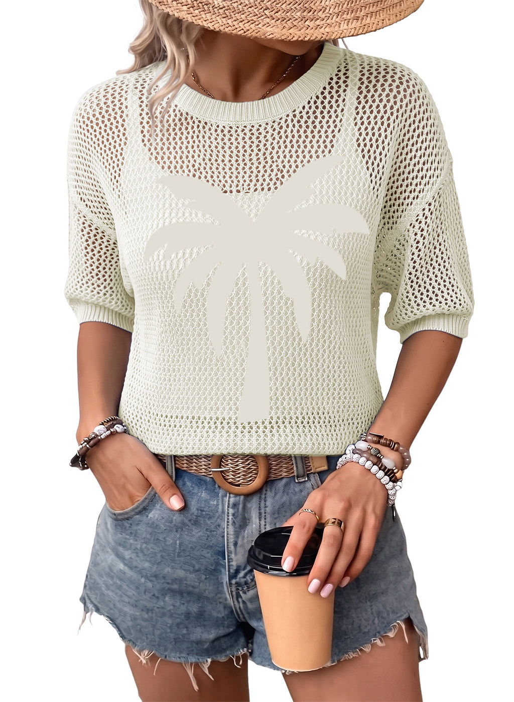 Dokotoo Women's Short Sleeve Crochet Sweater Beach Cover UPs Knit Top