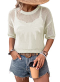 Dokotoo Women's Short Sleeve Crochet Sweater Beach Cover UPs Knit Top