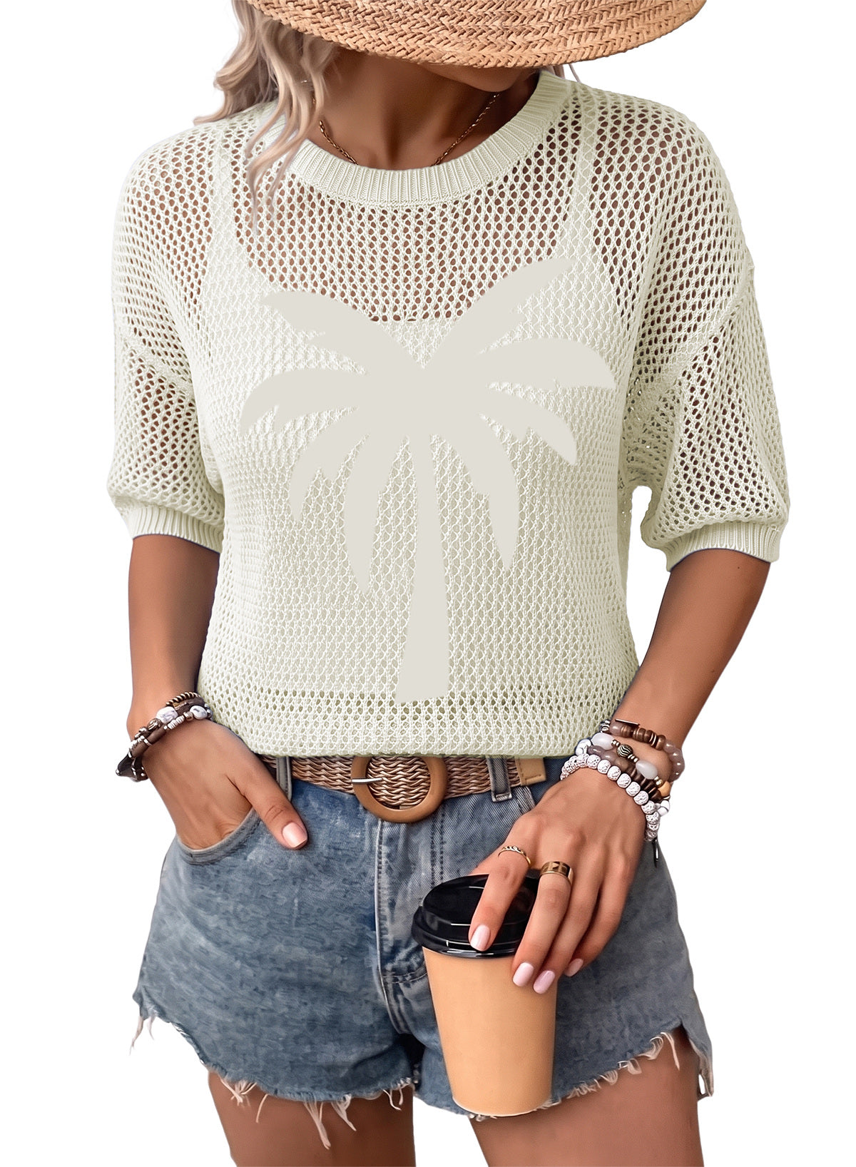 Dokotoo Women's Short Sleeve Crochet Sweater Beach Cover UPs Knit Top