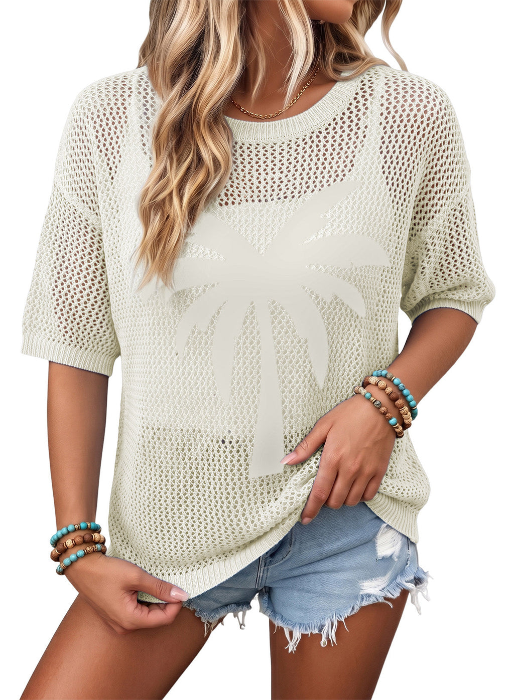 Dokotoo Women's Short Sleeve Crochet Sweater Beach Cover UPs Knit Top
