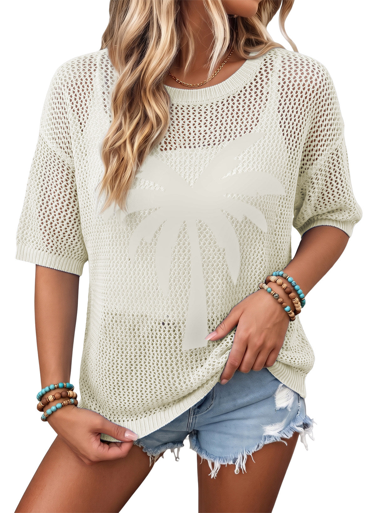 Dokotoo Women's Short Sleeve Crochet Sweater Beach Cover UPs Knit Top