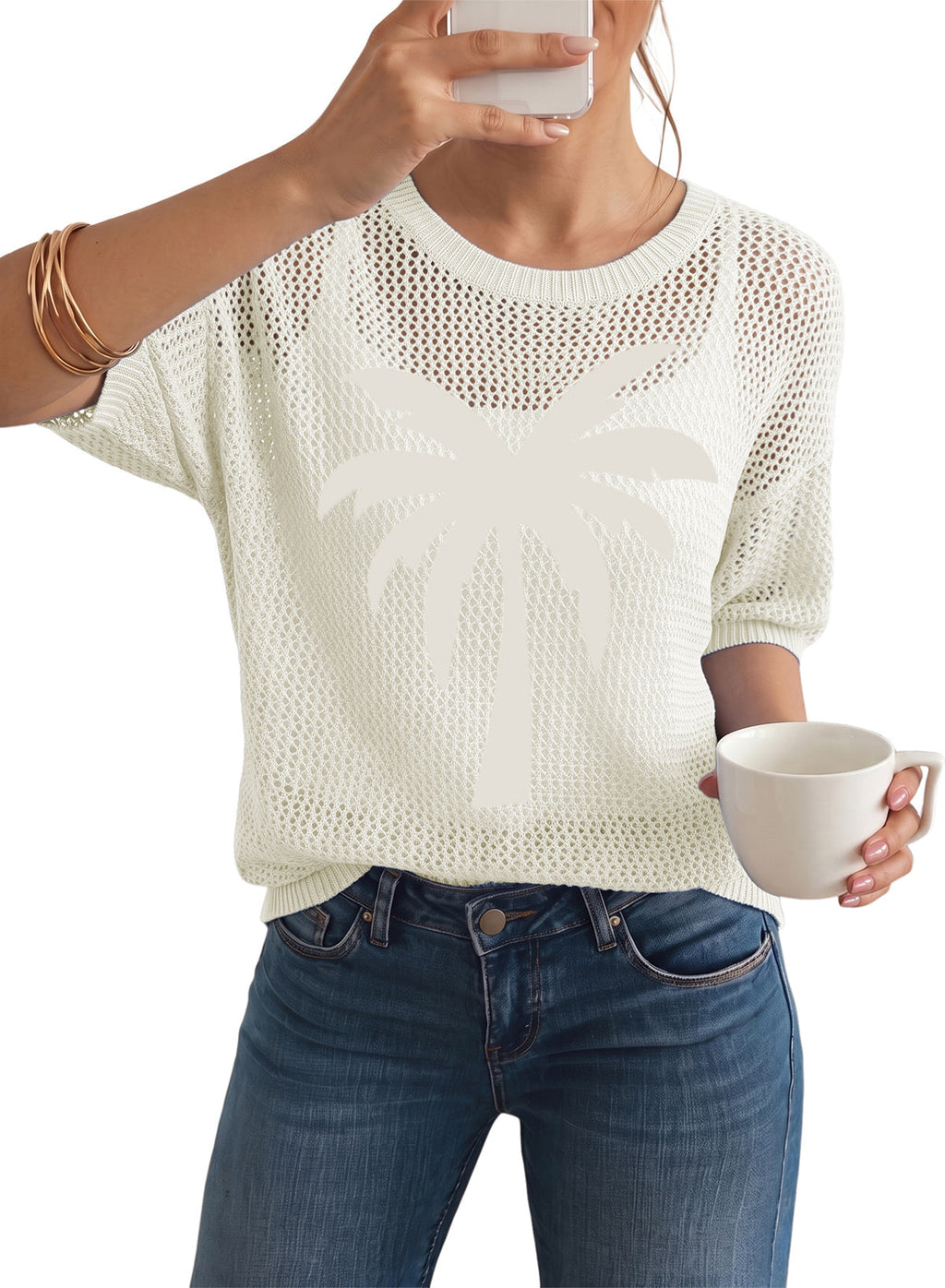 Dokotoo Women's Short Sleeve Crochet Sweater Beach Cover UPs Knit Top