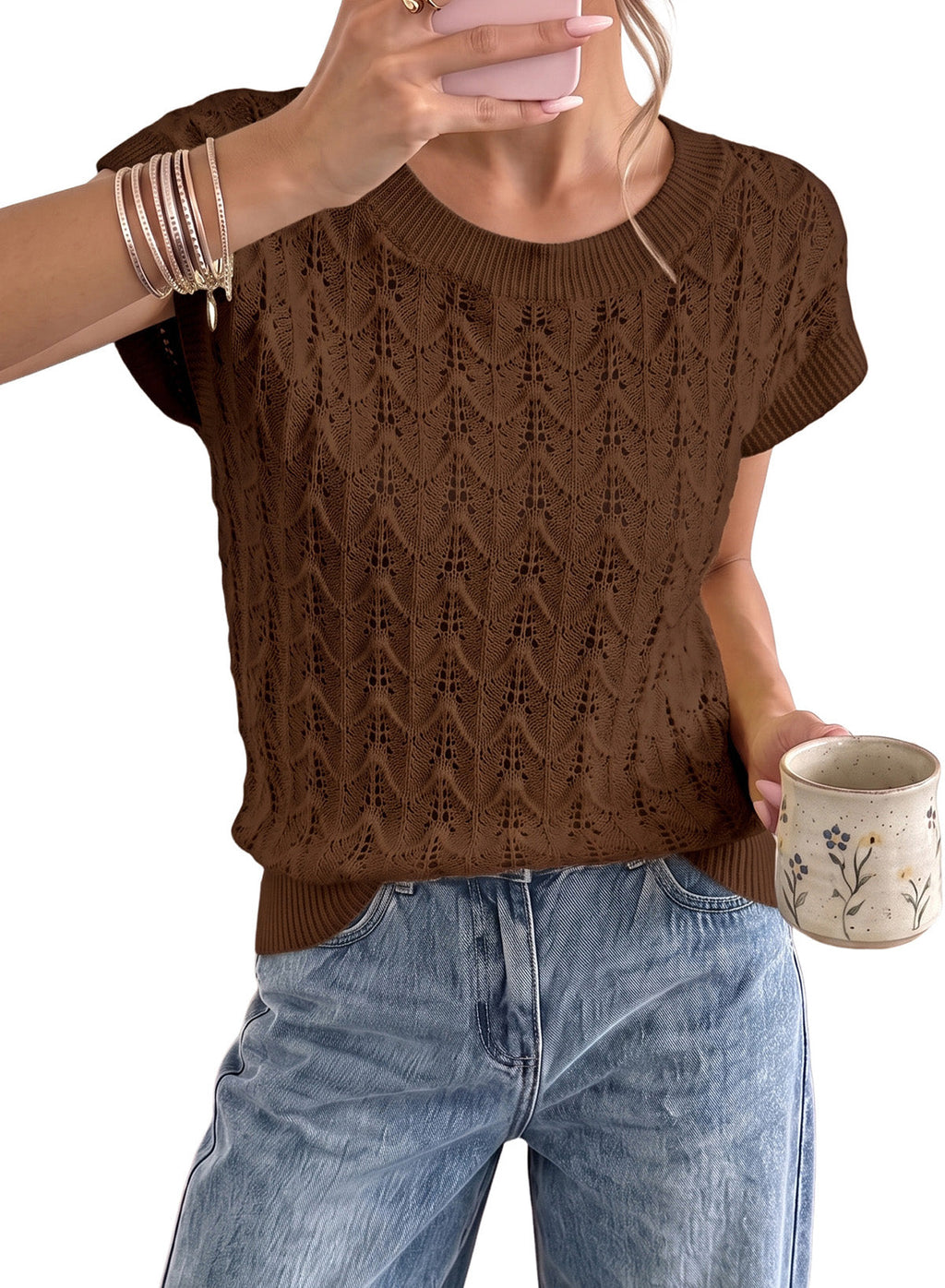 Dokotoo Women's Cap Sleeve Sweater Vest Hollow Out Crochet Knit Tops