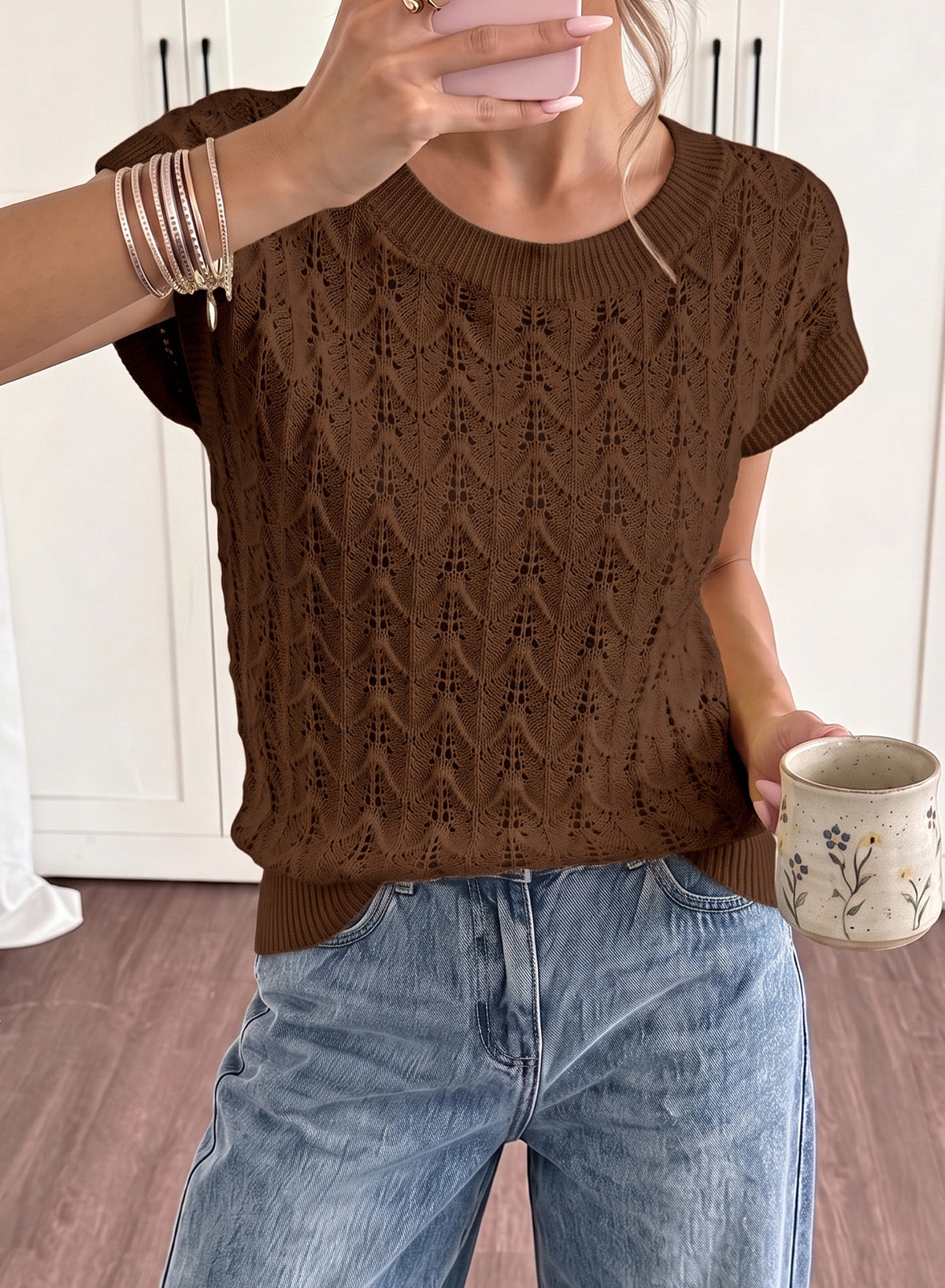 Dokotoo Women's Cap Sleeve Sweater Vest Hollow Out Crochet Knit Tops