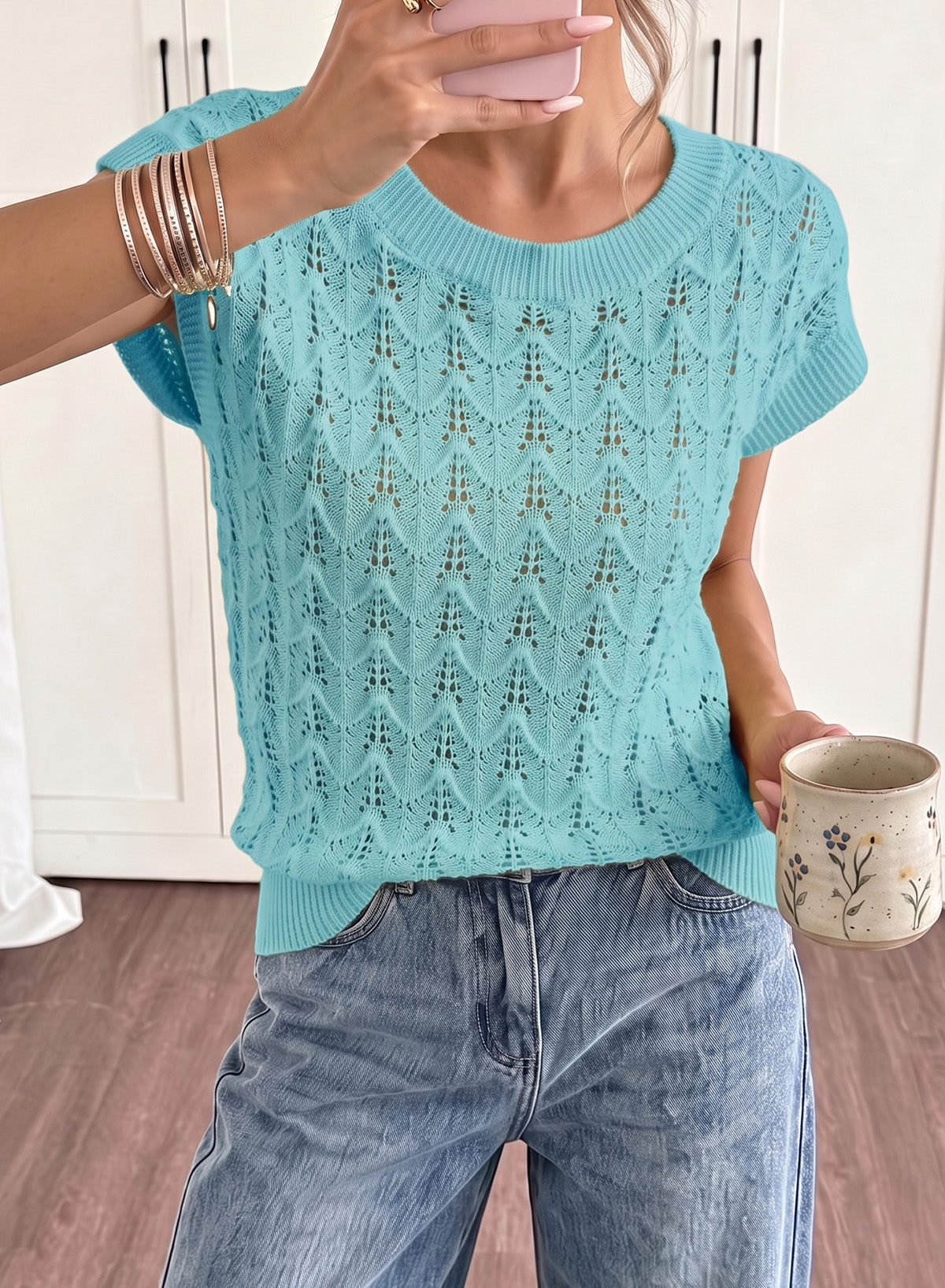 Dokotoo Women's Cap Sleeve Sweater Vest Hollow Out Crochet Knit Tops