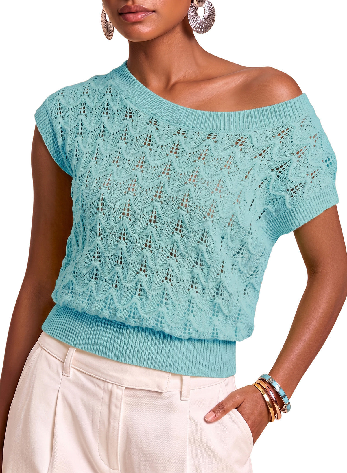 Dokotoo Women's Cap Sleeve Sweater Vest Hollow Out Crochet Knit Tops