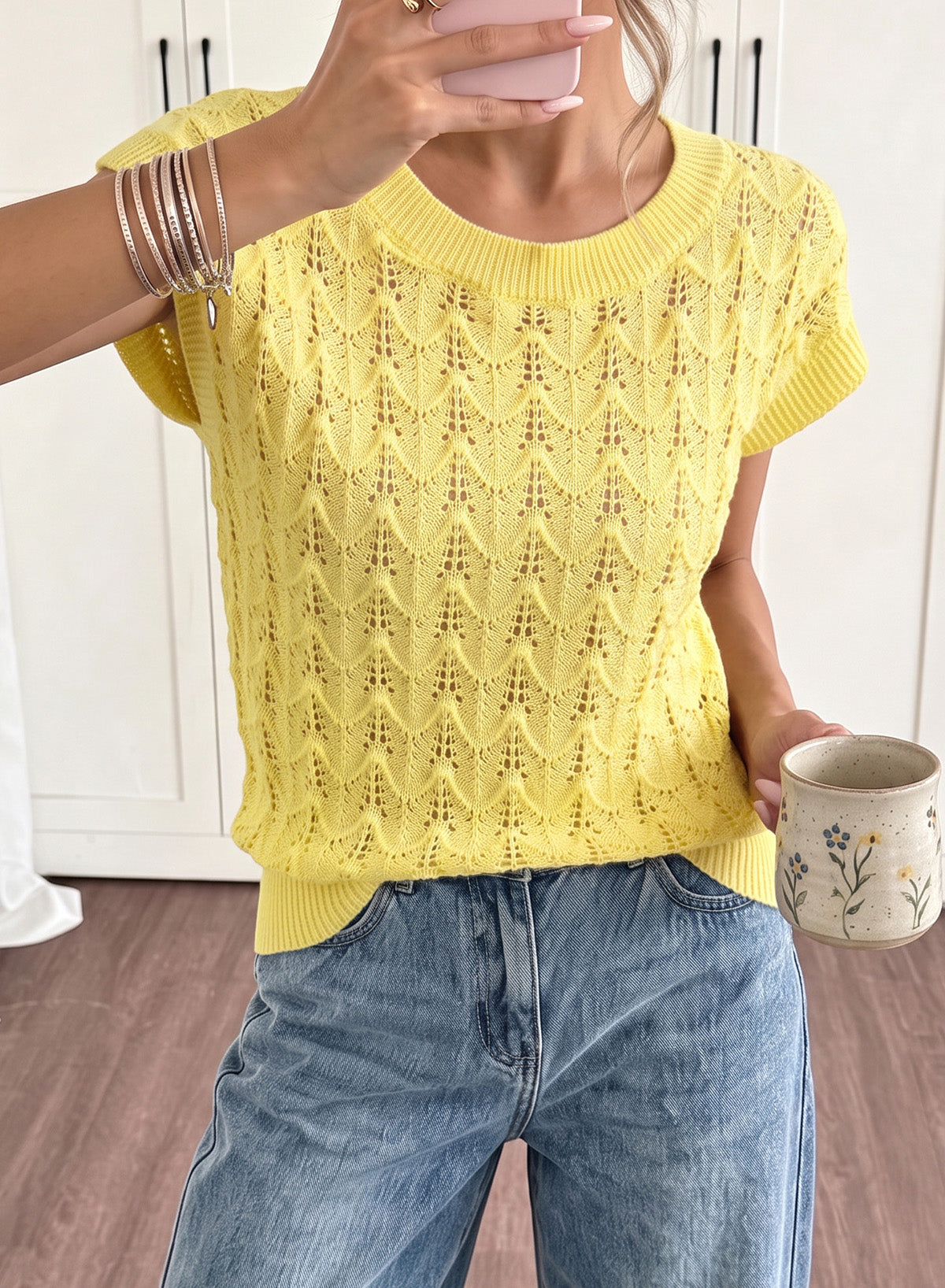 Dokotoo Women's Cap Sleeve Sweater Vest Hollow Out Crochet Knit Tops