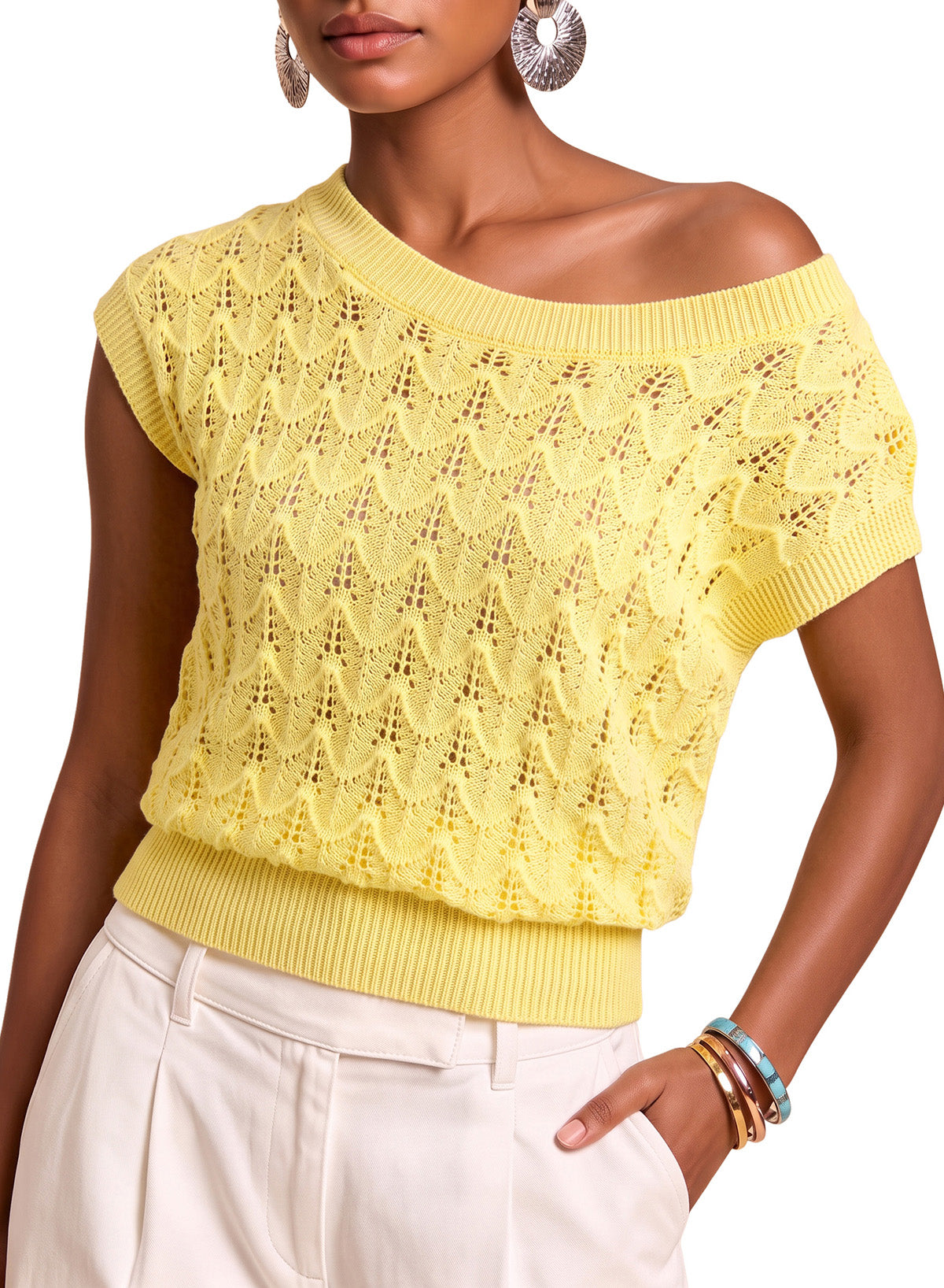 Dokotoo Women's Cap Sleeve Sweater Vest Hollow Out Crochet Knit Tops