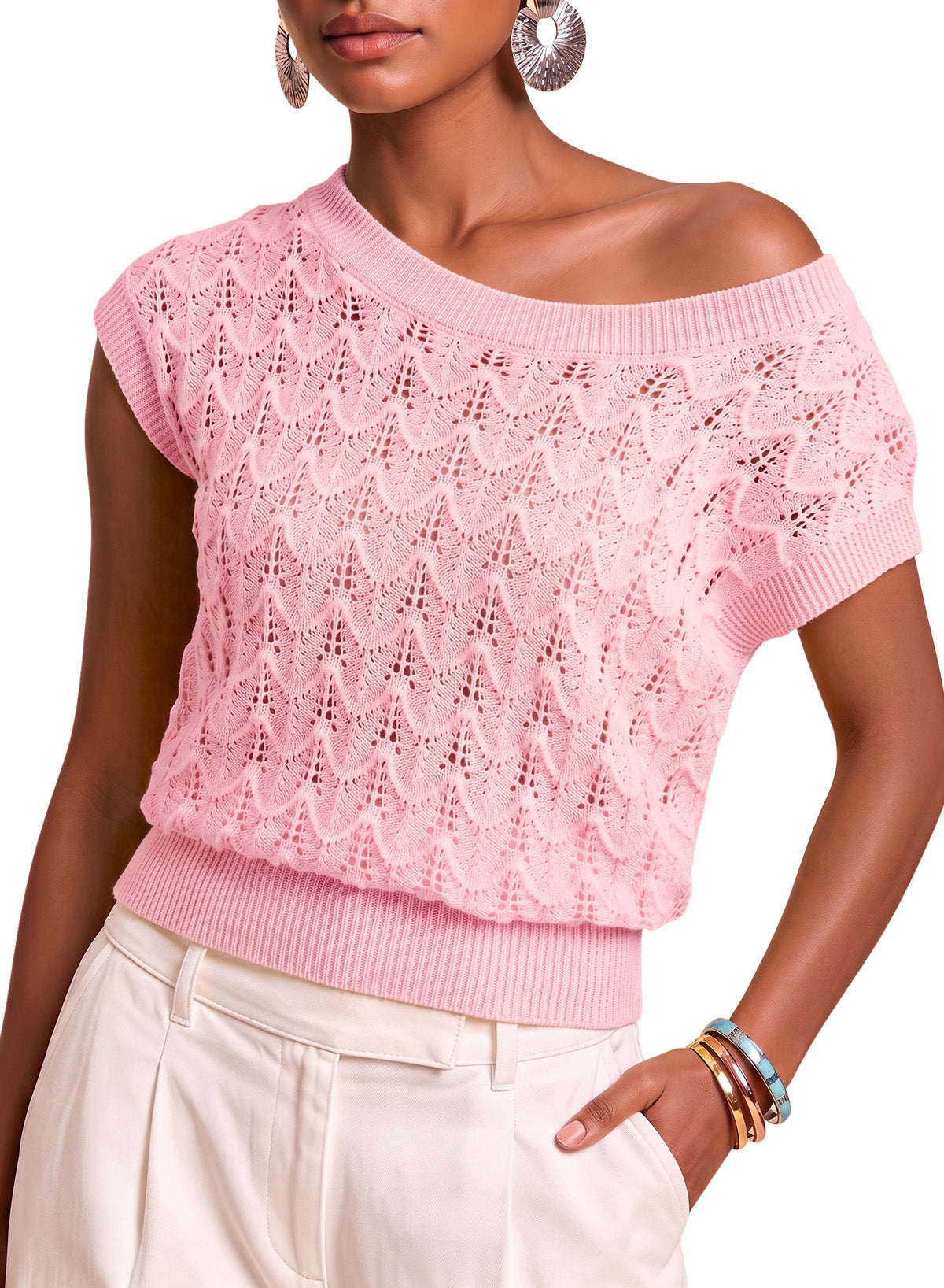 Dokotoo Women's Cap Sleeve Sweater Vest Hollow Out Crochet Knit Tops