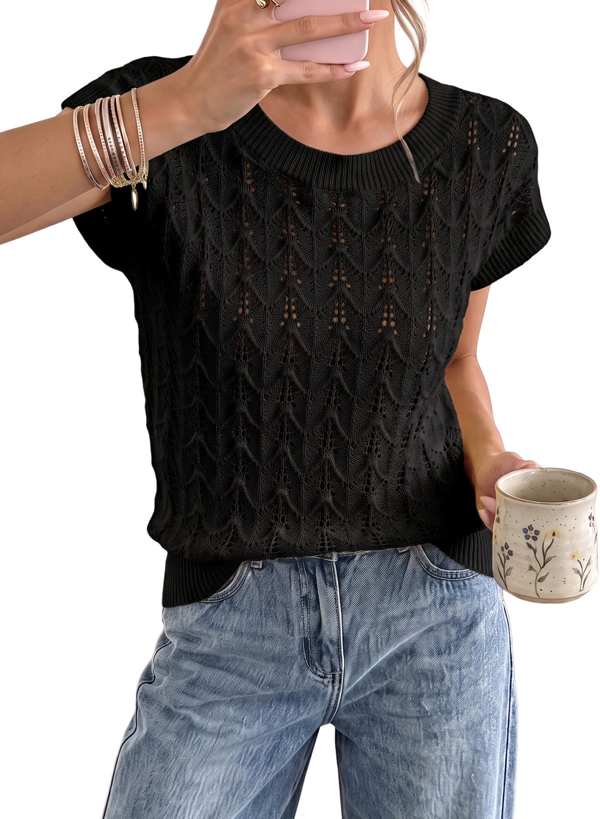 Dokotoo Women's Cap Sleeve Sweater Vest Hollow Out Crochet Knit Tops