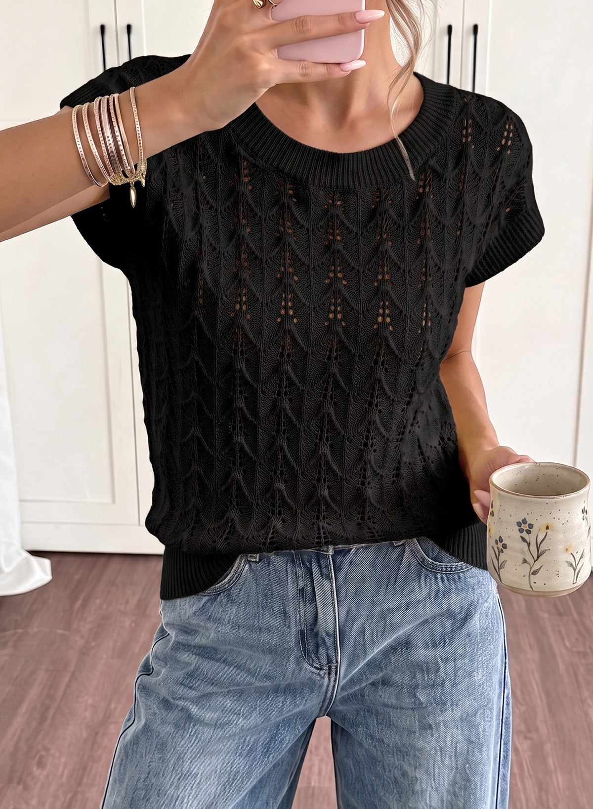 Dokotoo Women's Cap Sleeve Sweater Vest Hollow Out Crochet Knit Tops
