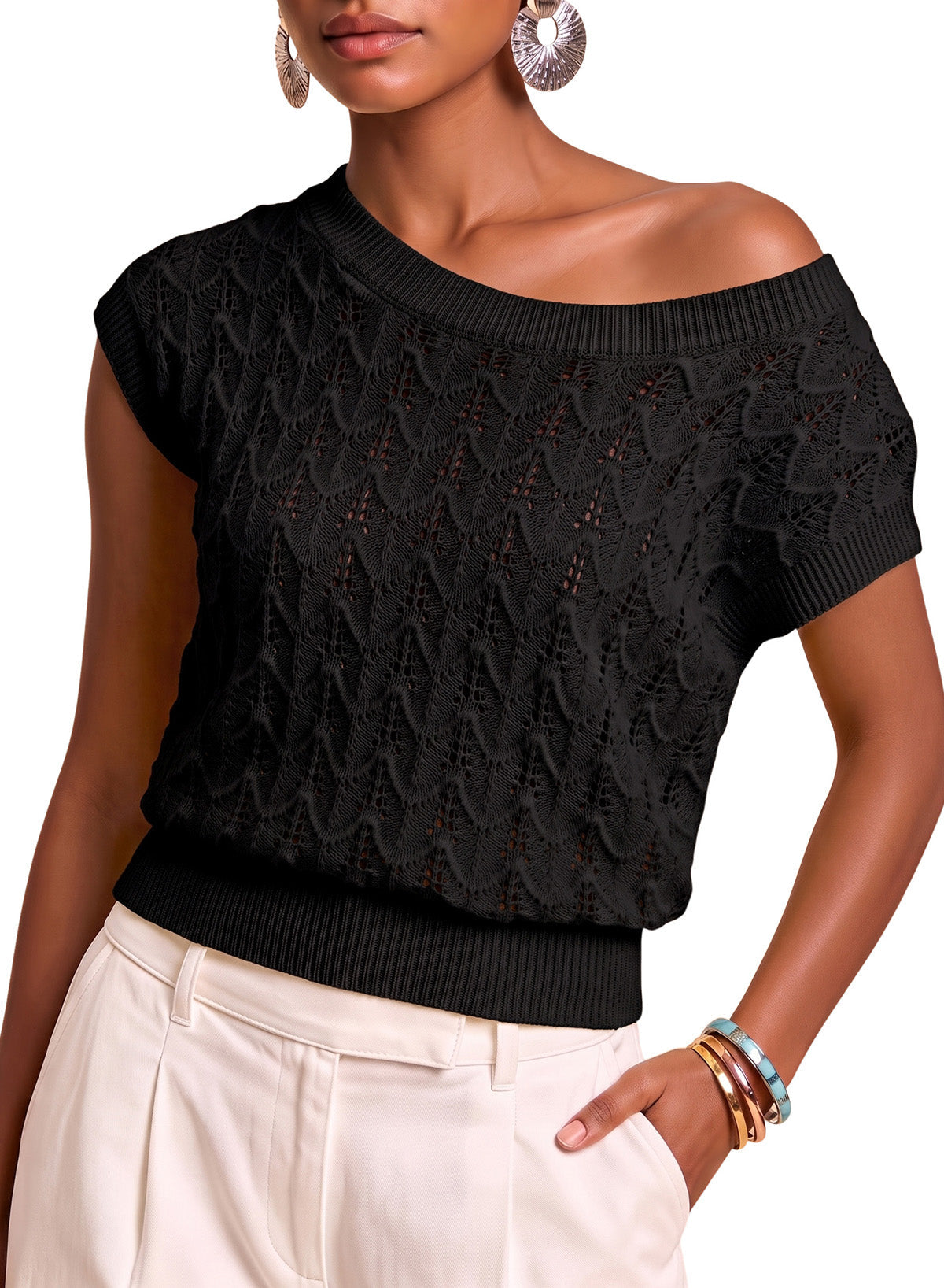 Dokotoo Women's Cap Sleeve Sweater Vest Hollow Out Crochet Knit Tops