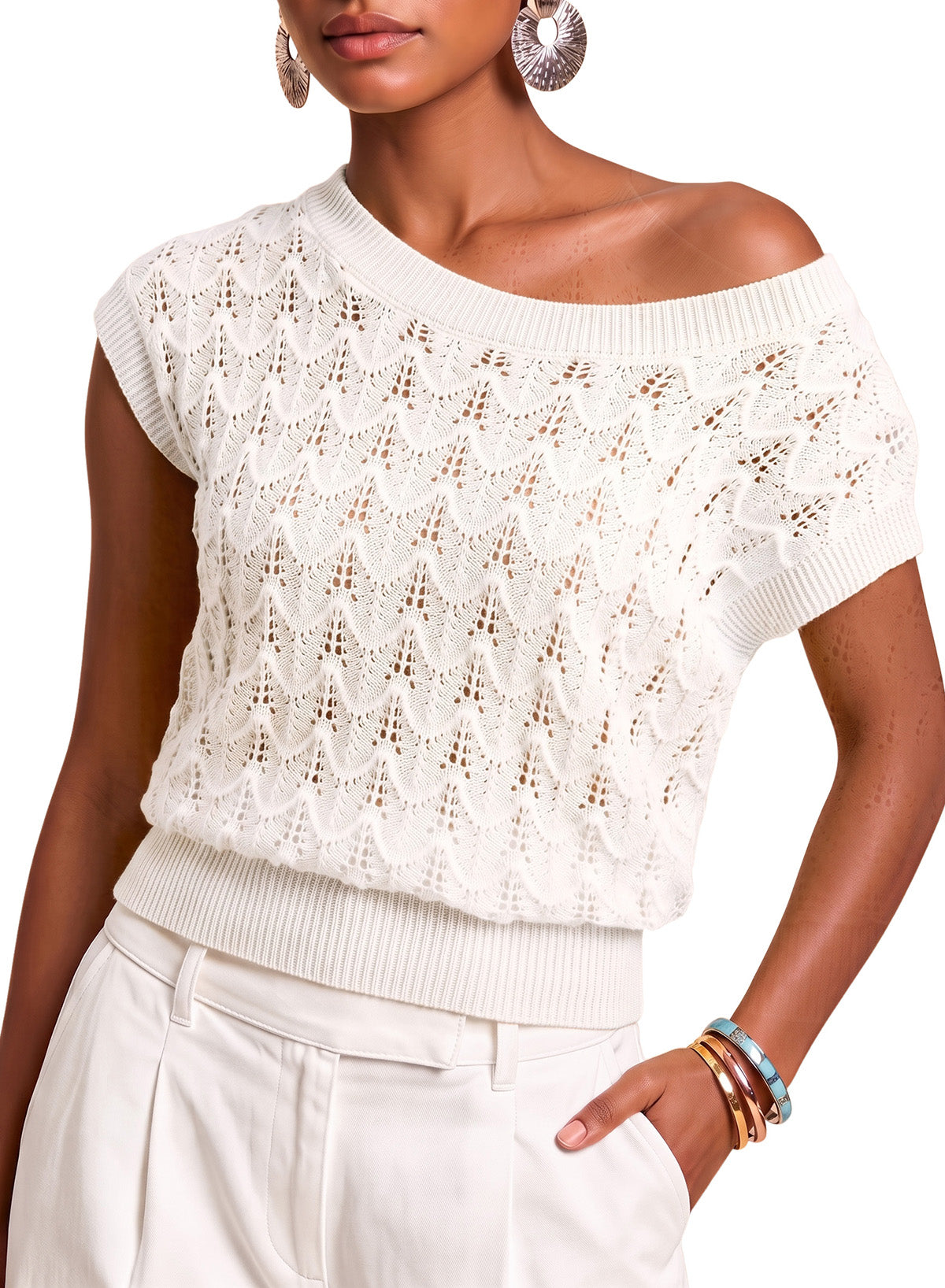 Dokotoo Women's Cap Sleeve Sweater Vest Hollow Out Crochet Knit Tops