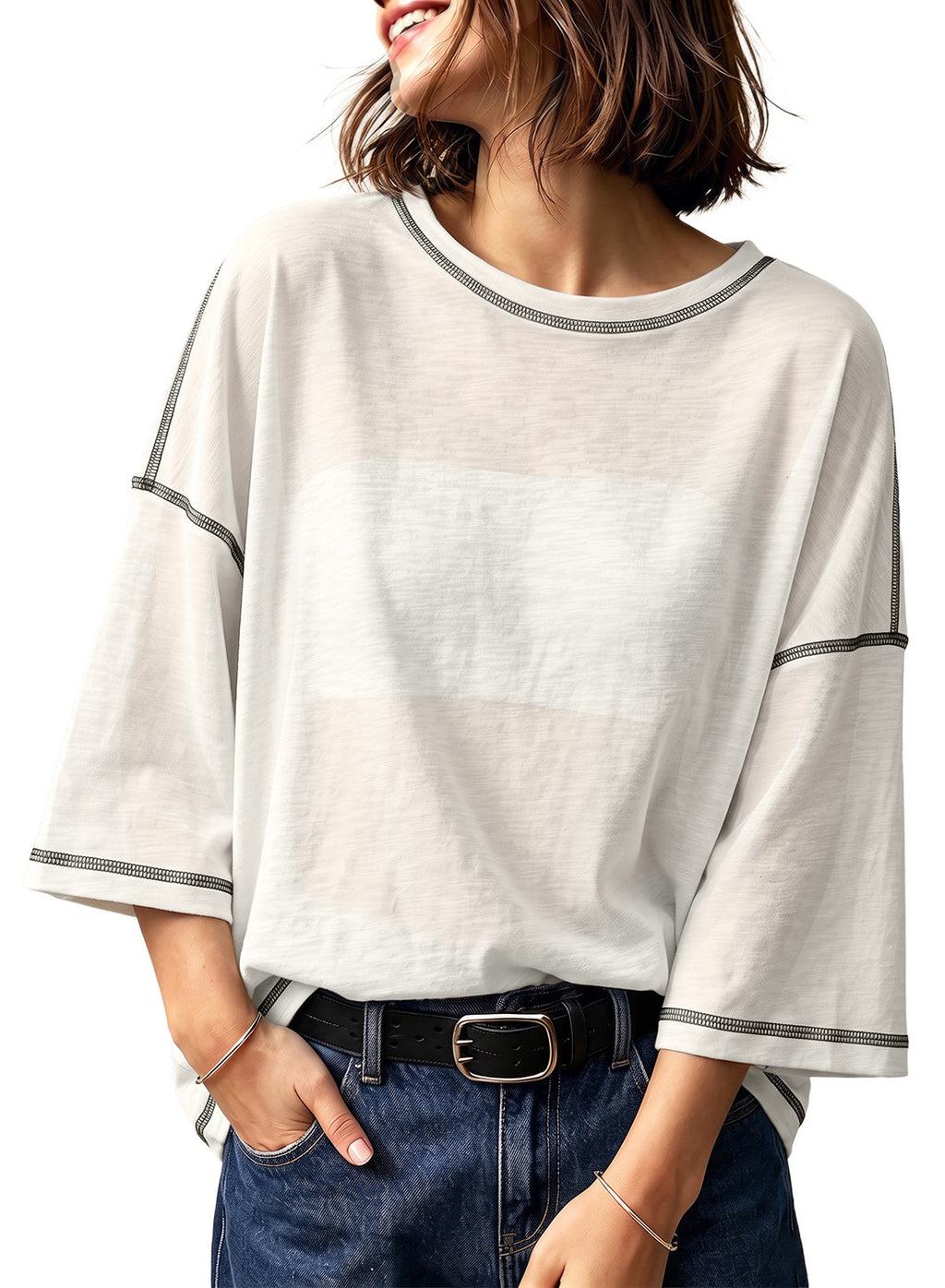 Dokotoo 3/4 Sleeve Tops for Women Loose Fit Shirts Crewneck Summer Outfits