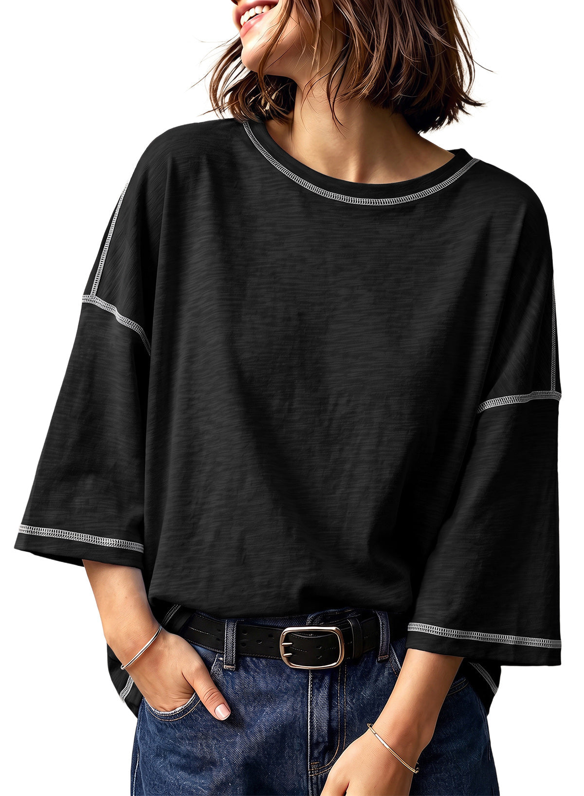 Dokotoo 3/4 Sleeve Tops for Women Loose Fit Shirts Crewneck Summer Outfits