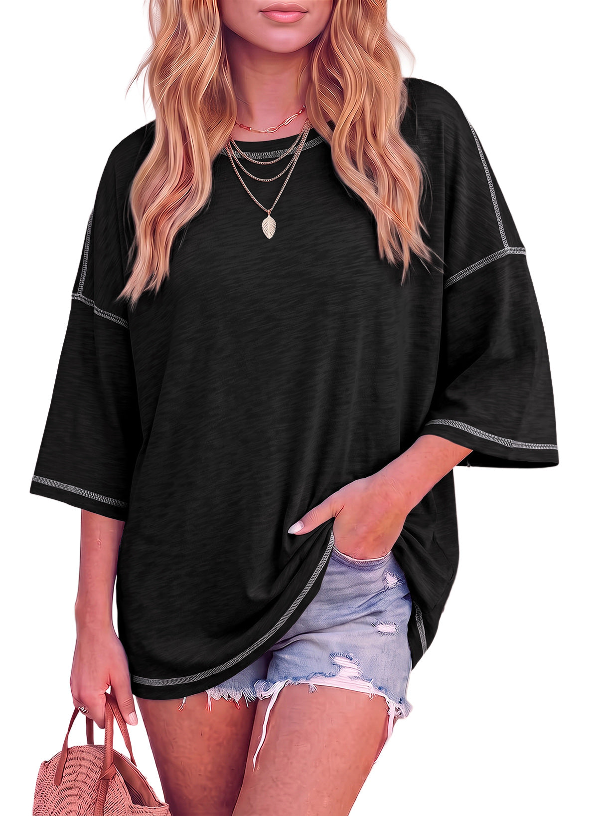Dokotoo 3/4 Sleeve Tops for Women Loose Fit Shirts Crewneck Summer Outfits