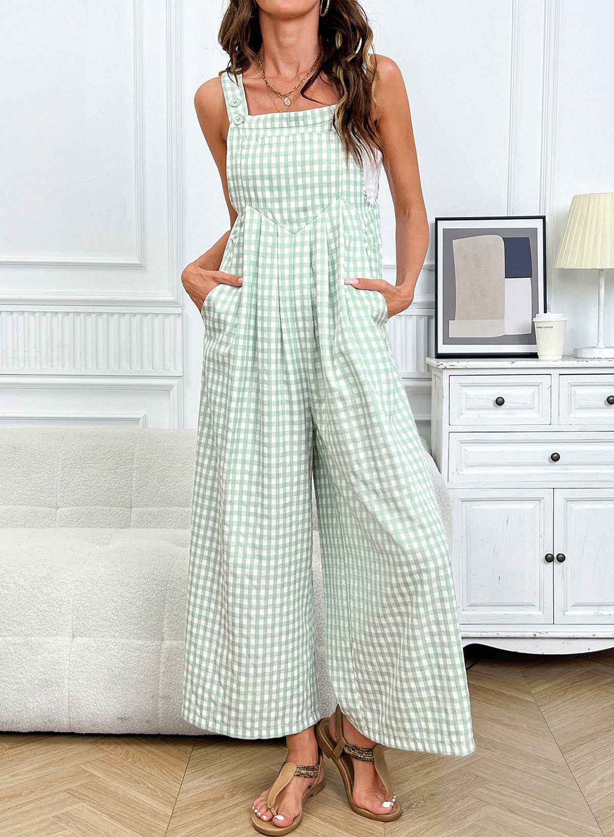 Dokotoo Women's Sleeveless Bib Overall Casual Gingham Jumpsuits